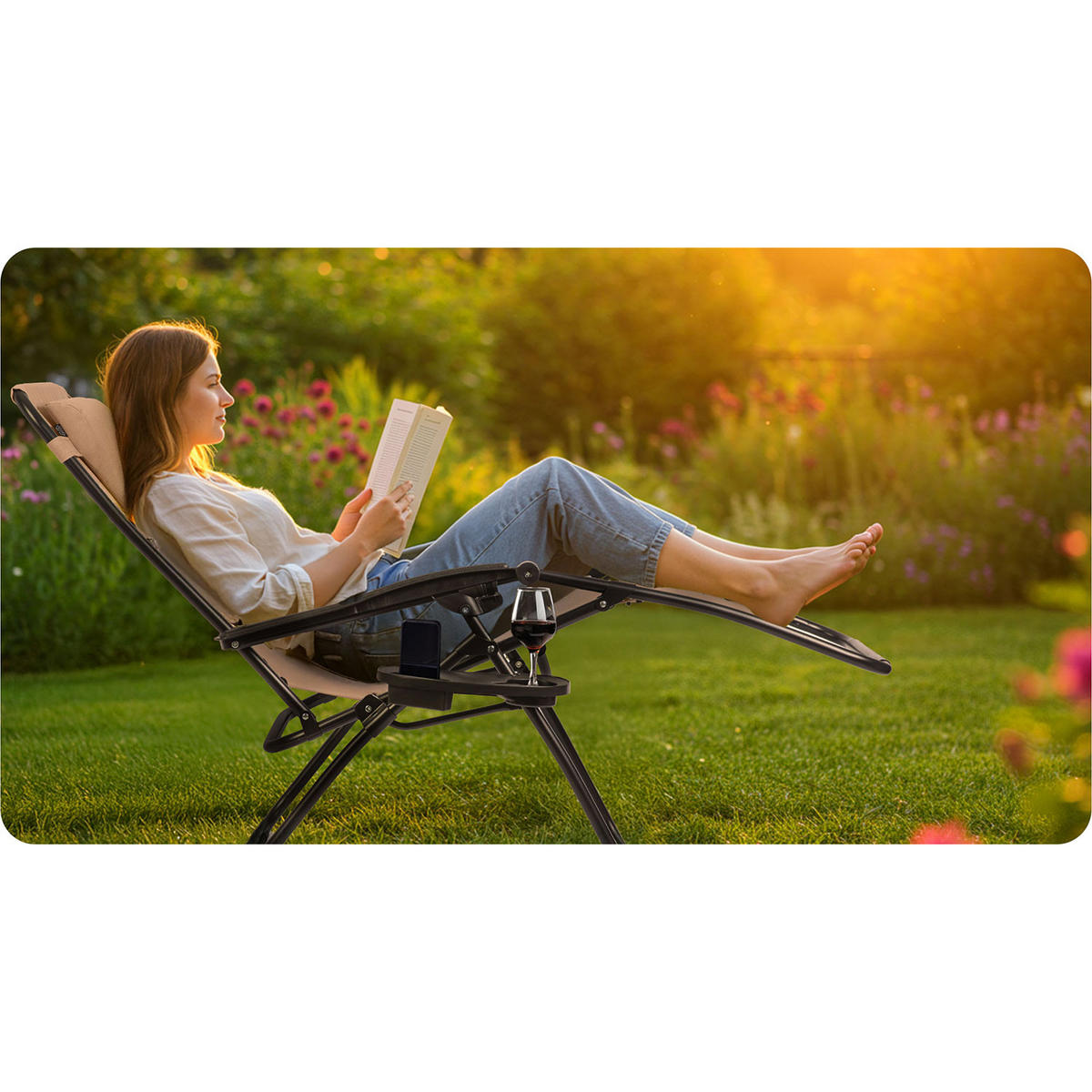GARTEN-RELAXSESSEL Klappbarer mit Kissen, Beige - Beige, Metall (60/102/110cm)