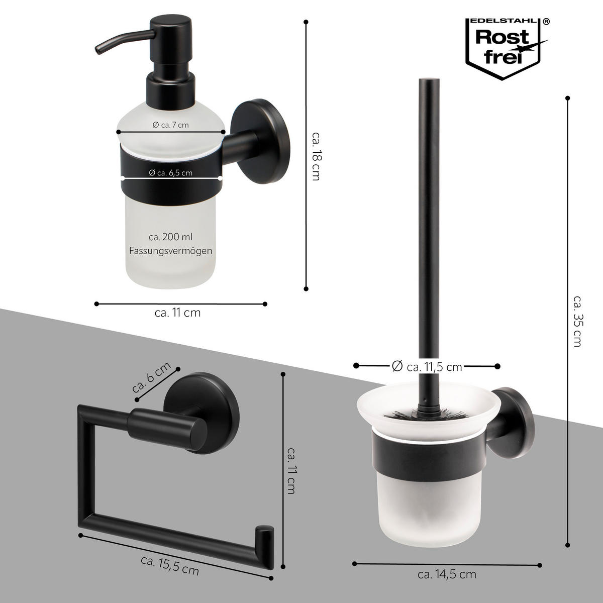 BADEZIMMER-ZUBEHÖR-SET PIAZZA BLACK 3tlg, Edelstahl, schwarz - Schwarz, Metall (14.5/35/11.5cm) - bremermann