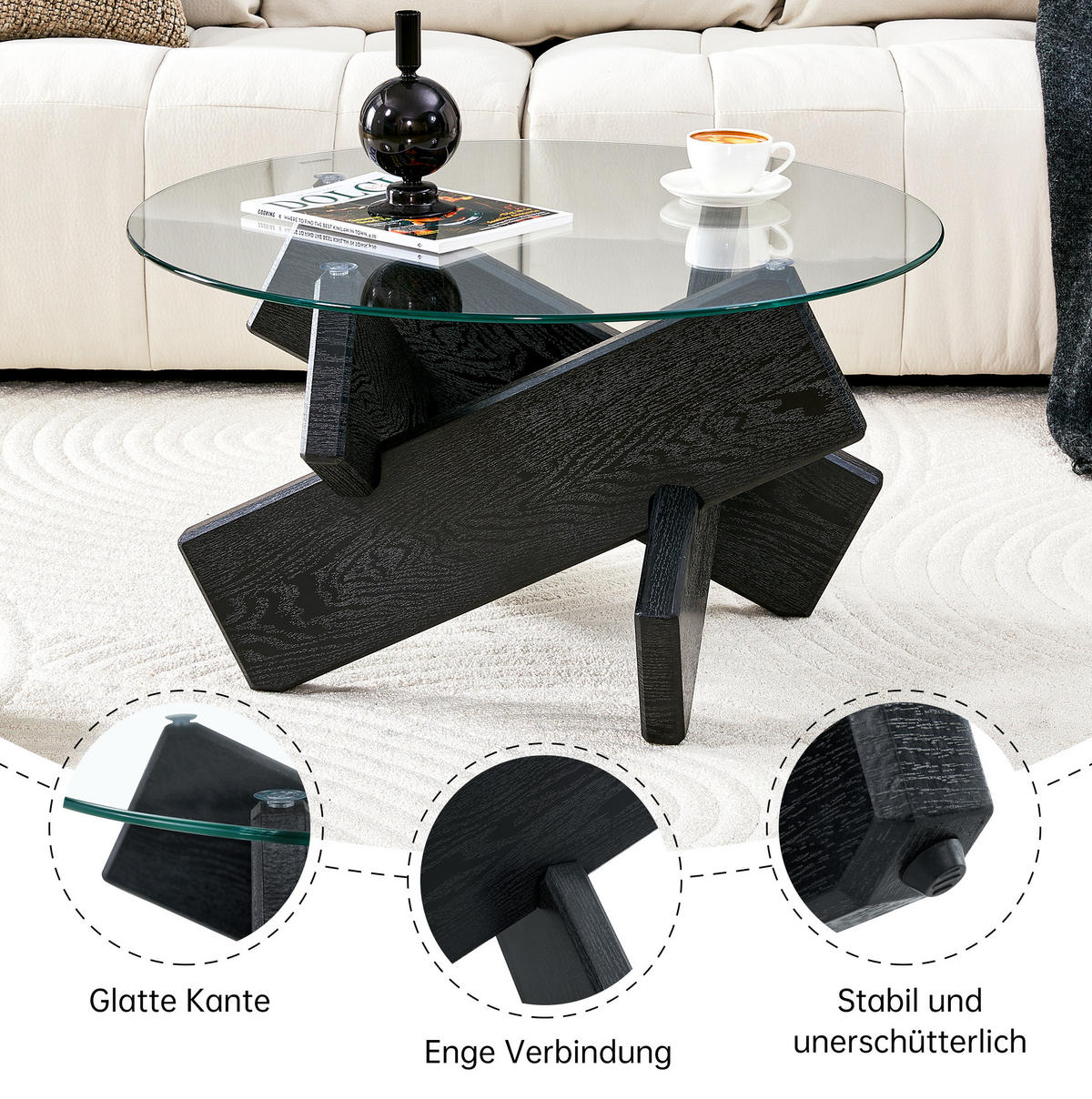 COUCHTISCH aus MDF und Glas Ø79x45 cm in Schwarz mit Kreuzgestell - Schwarz, Glas (79/79/45cm) - Modfu