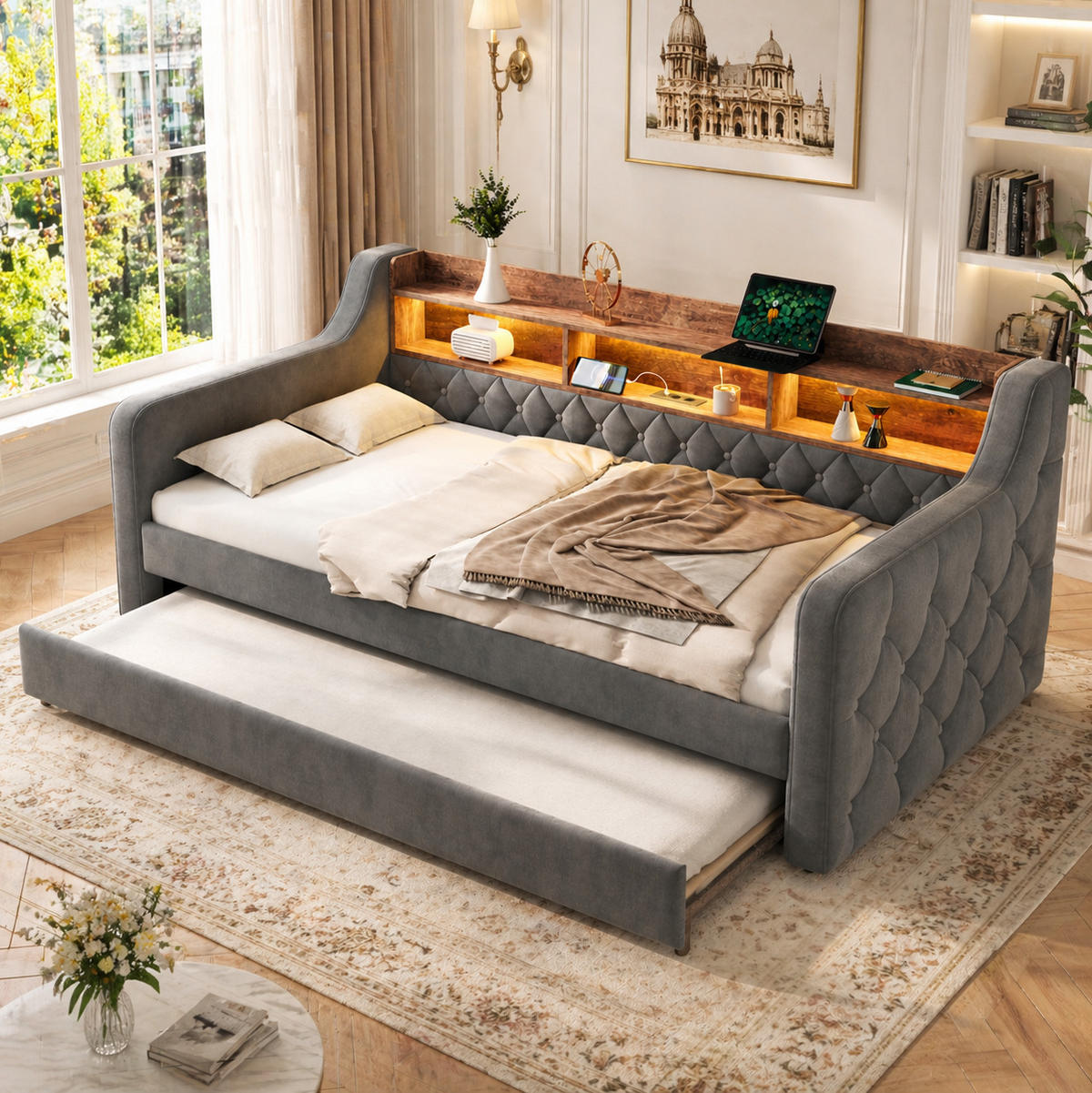 POLSTERBETT 90/190 cm Dunkelgrau aus Samt mit Stauraum - Dunkelgrau, Textil - OKMYHOME