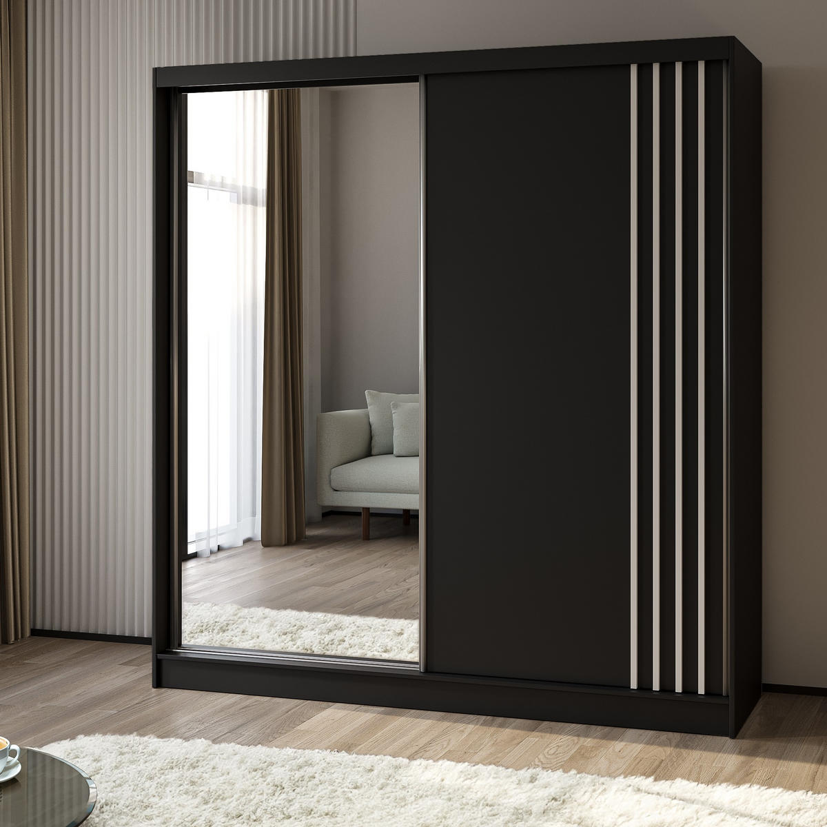 SCHWEBETÜRENSCHRANK NELVIA 200/216/61 cm 2-türig mit Spiegel Schwarz - Schwarz, Holzwerkstoff (200/216/61cm) - MASSENO