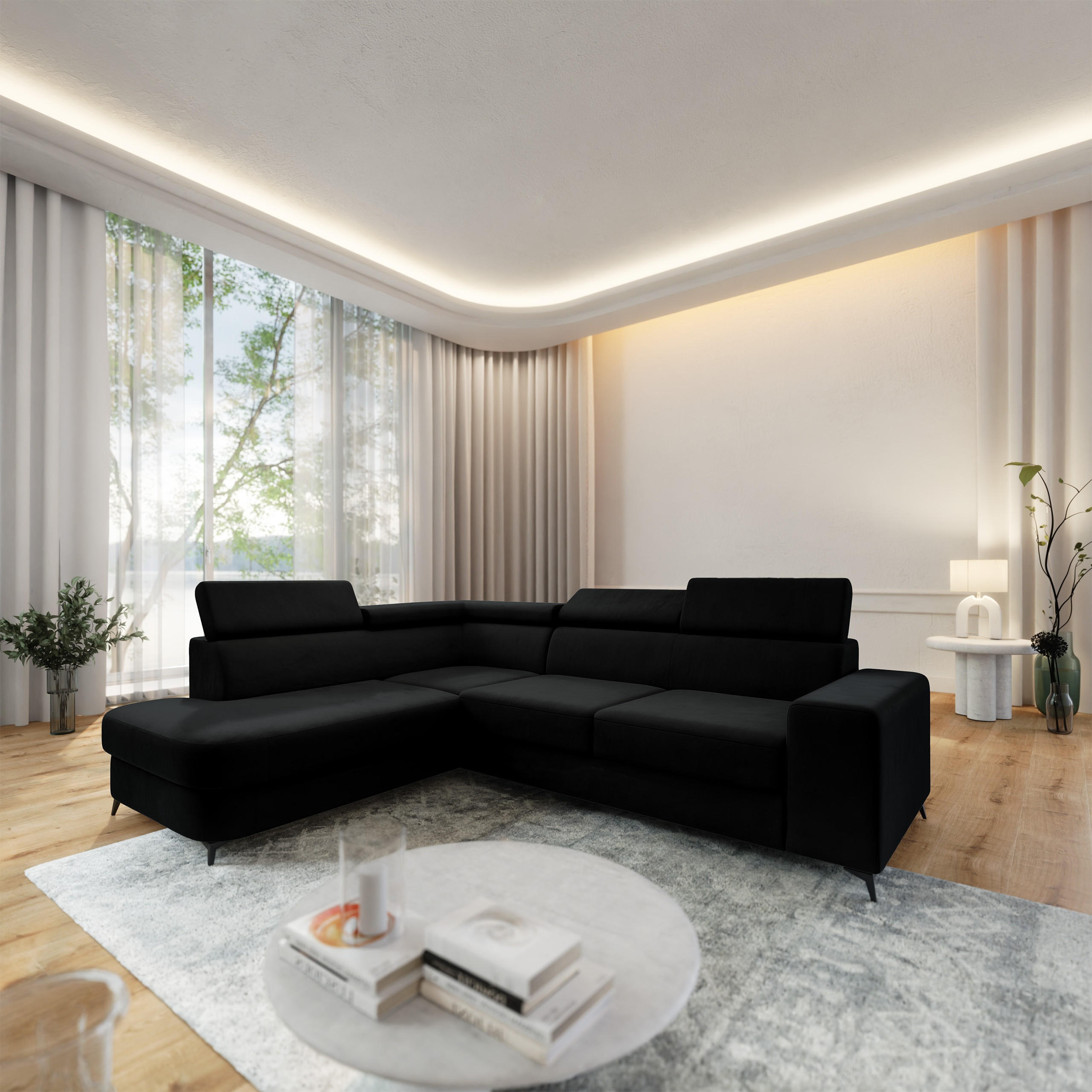 ECKSOFA ALVORO L-S Schwarz Velours-Stoff mit Schlaffunktion - Schwarz, Holz (253/190cm) - MASSENO