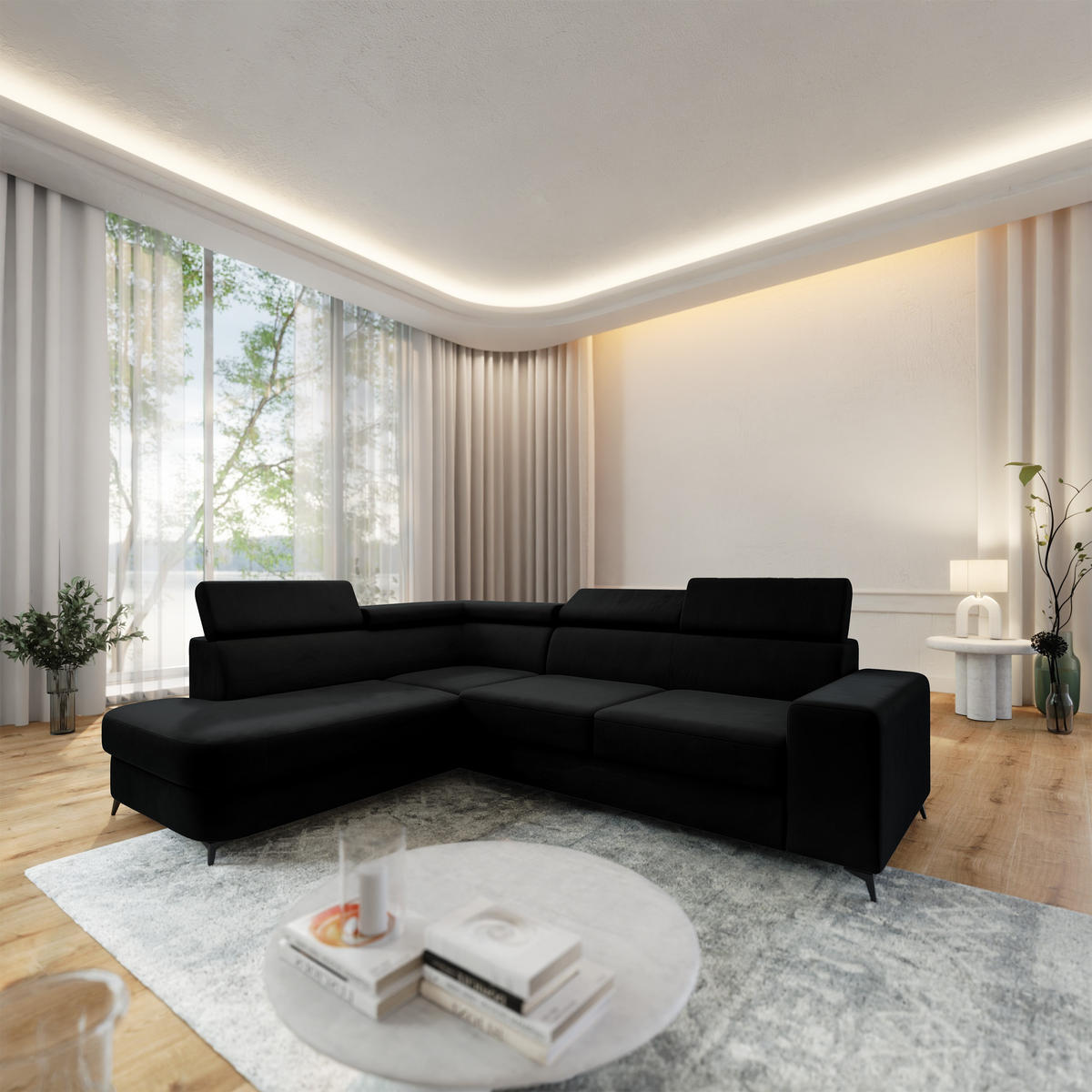 ECKSOFA ALVORO L-S Schwarz Velours-Stoff mit Schlaffunktion - Schwarz, Holz (253/190cm) - MASSENO