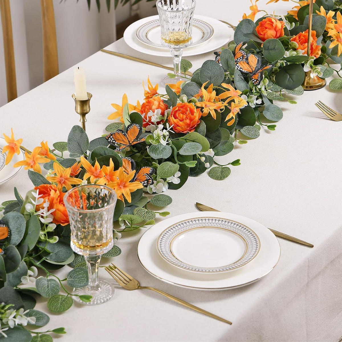 KÜNSTLICHE Blumengirlande 2er Set 200 cm mit Schmetterlingen und Blumen Orange - Multicolor, Kunststoff (200cm)