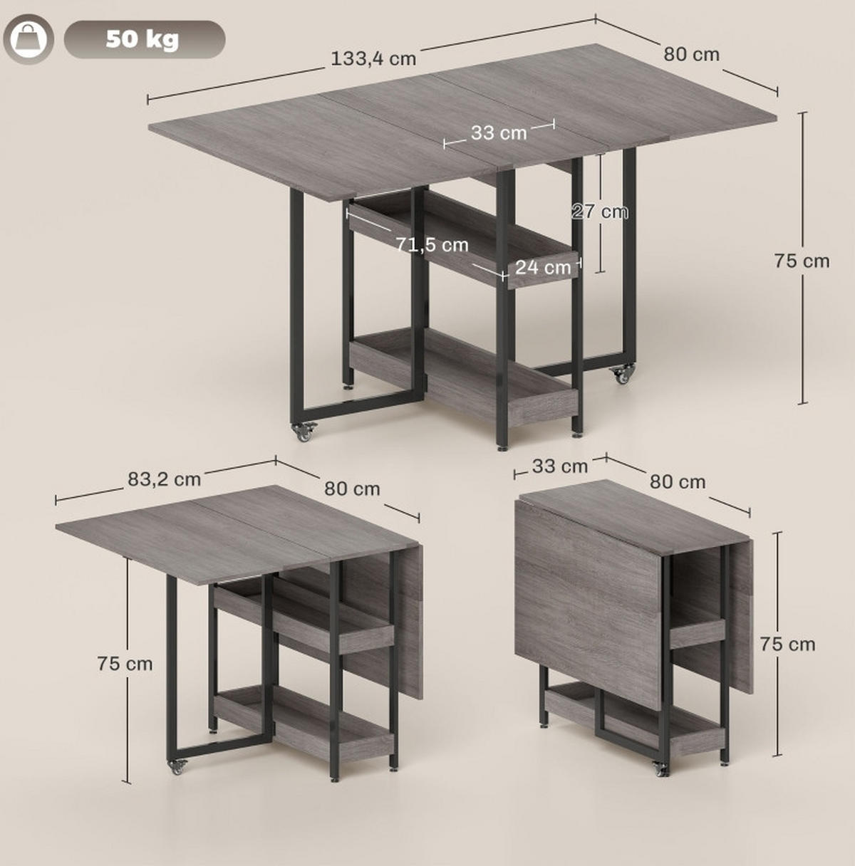 KLAPPTISCH 133,4/80/75 cm, seitlich ausklappbar mit Ablagen und Rollen - Grau, Holz (133.4/80/75cm) - BEAOK
