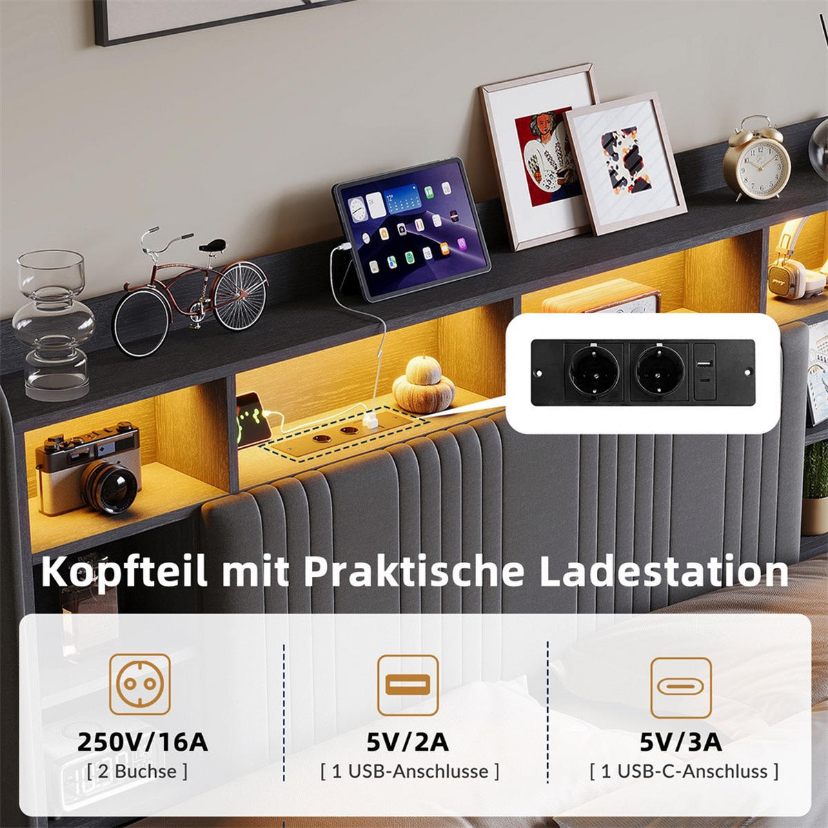 POLSTERBETT 160x200 cm mit 4 Schubladen - LED-Beleuchtung - Gepolstertes Kopfteil mit Stauraum - Grau - Grau, Textil (160/200cm) - DELFA