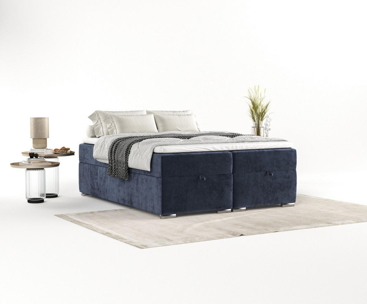 BOXBETT Reto 140/200 cm Marineblau im Lotta Stoff - Chromfarben/Dunkelblau, Holz/Holzwerkstoff (140/200cm) - AltaBeds