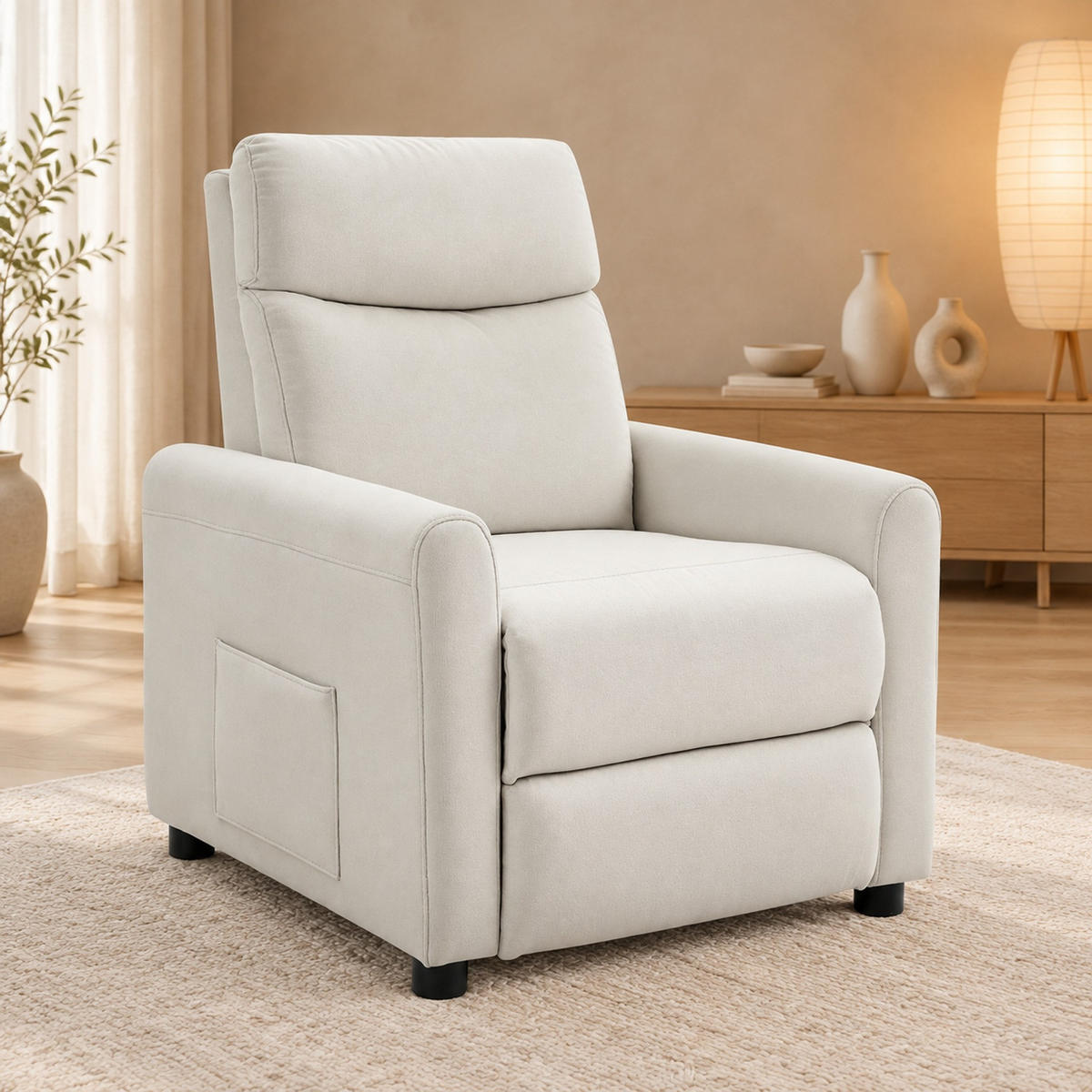 RELAXSESSEL in Cremeweiß 73x86x100 cm mit 145° Liegeposition und Seitenfächern - Creme, Textil (86/100/73cm) - IVMEU