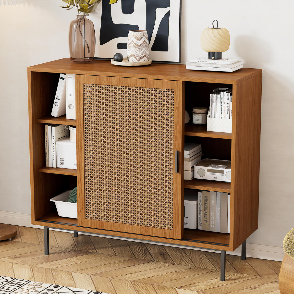 SIDEBOARD 100/37/90 cm in Walnuss mit 2 Schiebetüren und Rattan-Optik - Walnussfarben, Holzwerkstoff (100/90/37cm) - Flora Grace