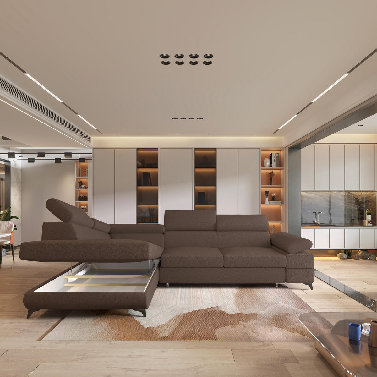 ECKSOFA FAVIEN L-S Braun Boucle-Stoff mit Schlaffunktion - Braun, Holz (257/190cm) - MASSENO