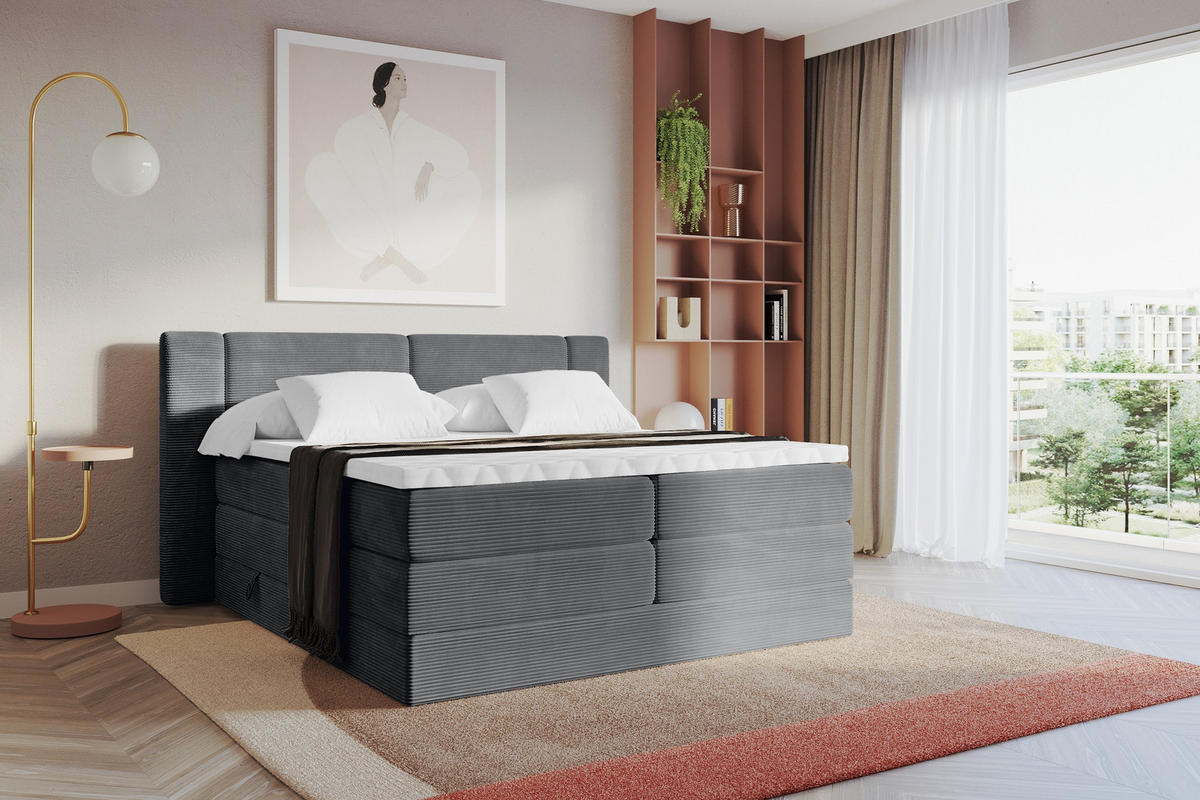 BOXSPRINGBETT mit Matratze H3/H4 - EVON KING - 140x200 cm Dunkelgrau - Graphitfarben, Holzwerkstoff (140/200cm) - ALTDECOR