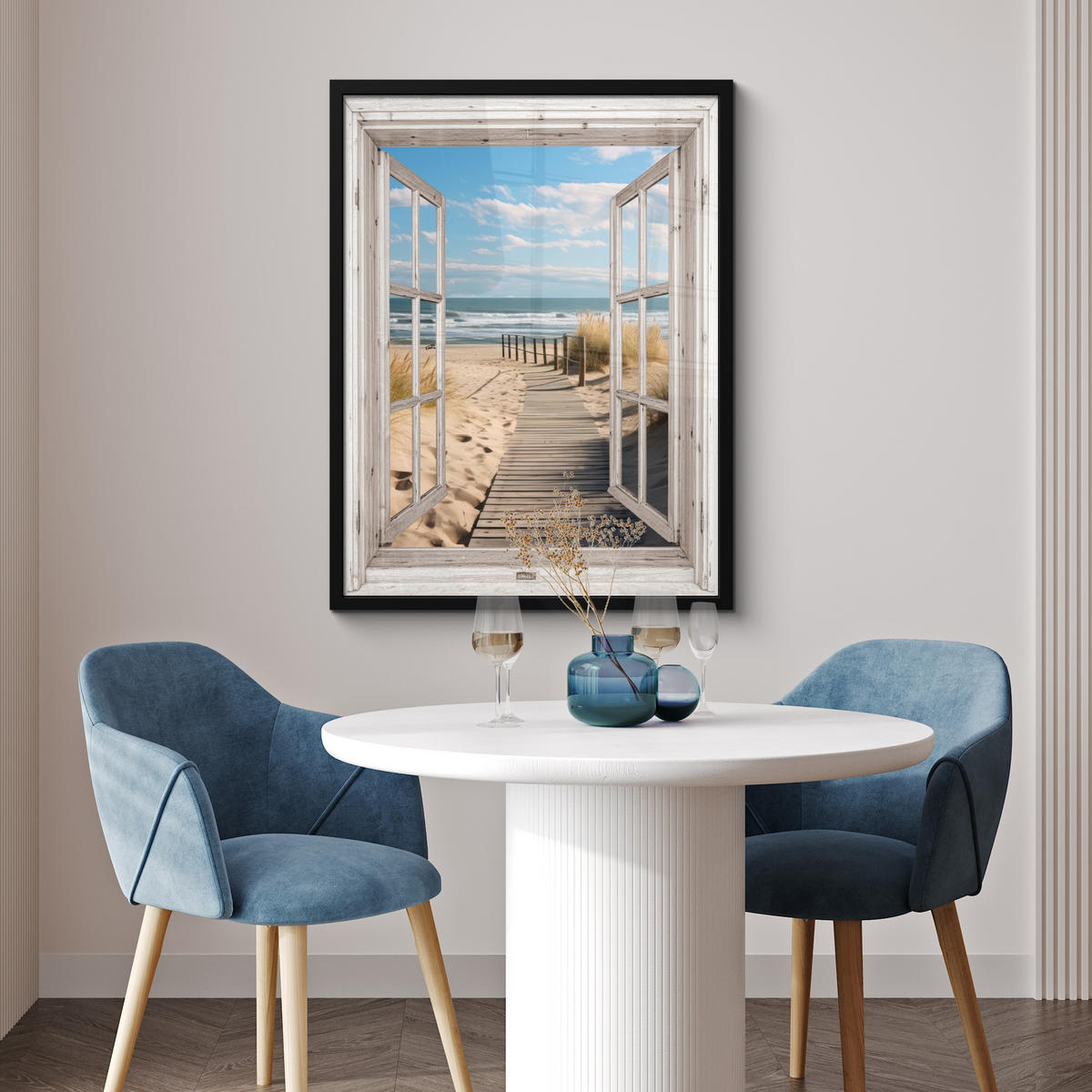GERAHMTES BILD Fenster - Meer - Küste - Natur - Ausblick - Strand - Wattenmeer 60x80 cm - Beige, Papier (60/80cm) - MuchoWow
