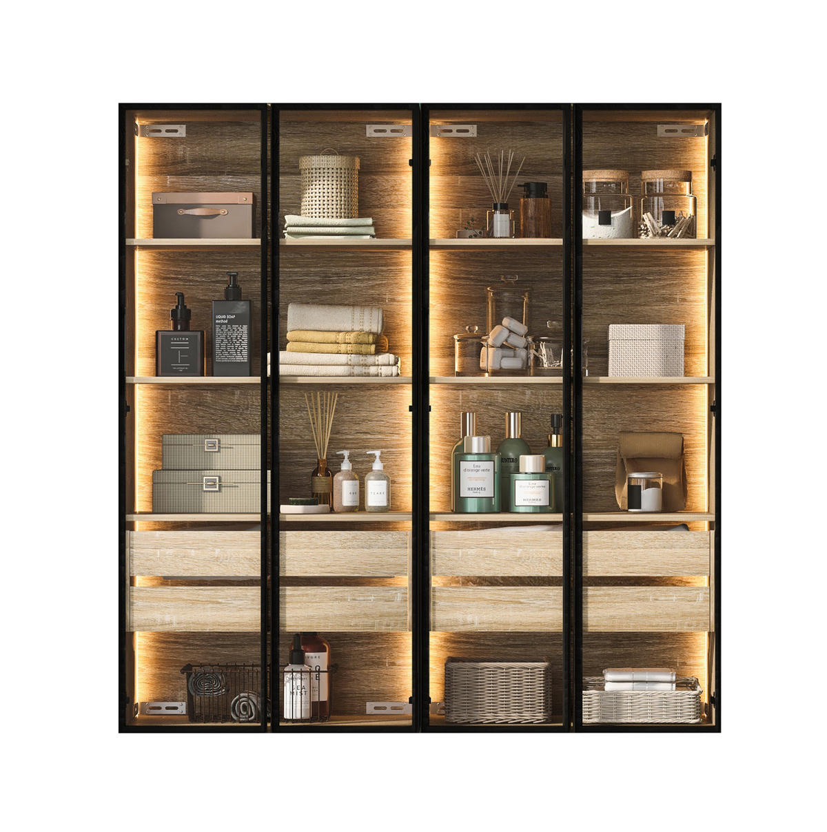 MIDISCHRANK 2er-Set Badezimmerschränke 73 cm aus MDF mit LED-Beleuchtung und Milchglastüren Natur - Naturfarben, Holzwerkstoff (74/155/36cm) - Modenvie