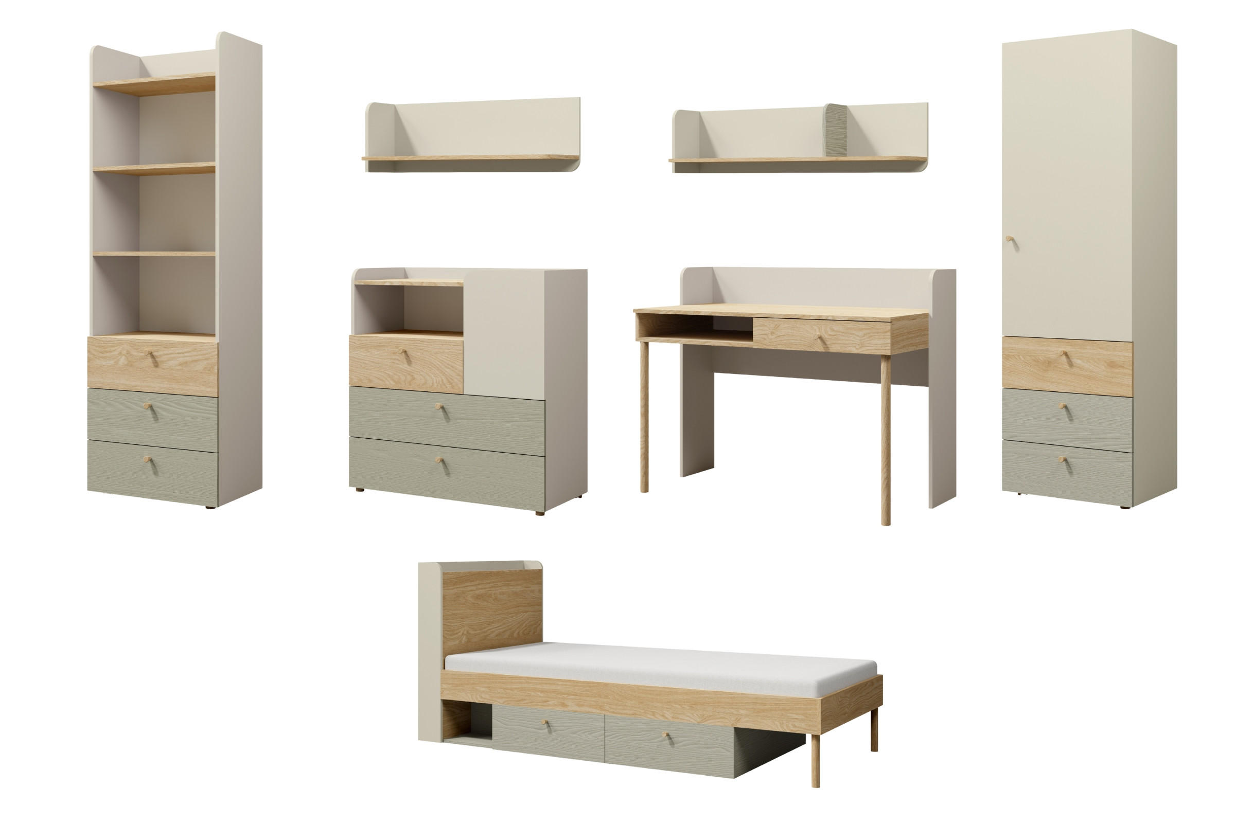 JUGENDZIMMER-SET YOGI B 7-teilig in Graubeige / Geölte Eiche / Eukalyptus - Greige/Eichefarben, Holzwerkstoff (427/185/217cm) - Deine Möbel 24