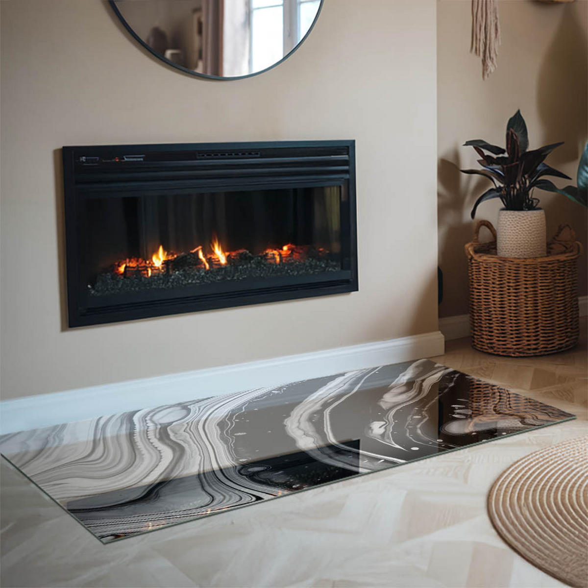 GLASPLATTE für Kamin 140x70 cm Schwarz Weiß - Multicolor, Glas (140/70/0.4cm) - ArtPrintCave