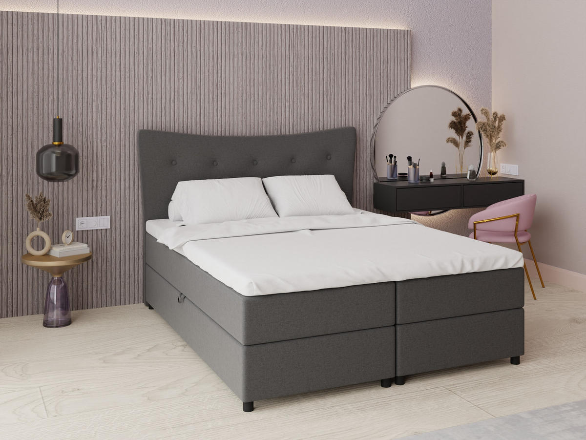 BOXBETT Nevada 160 x 200 cm Doppelbett mit hochwertiger Bonell-Matratze und Topper - Dunkelgrau - Dunkelgrau, Holz (160/200cm) - Panda Möbel