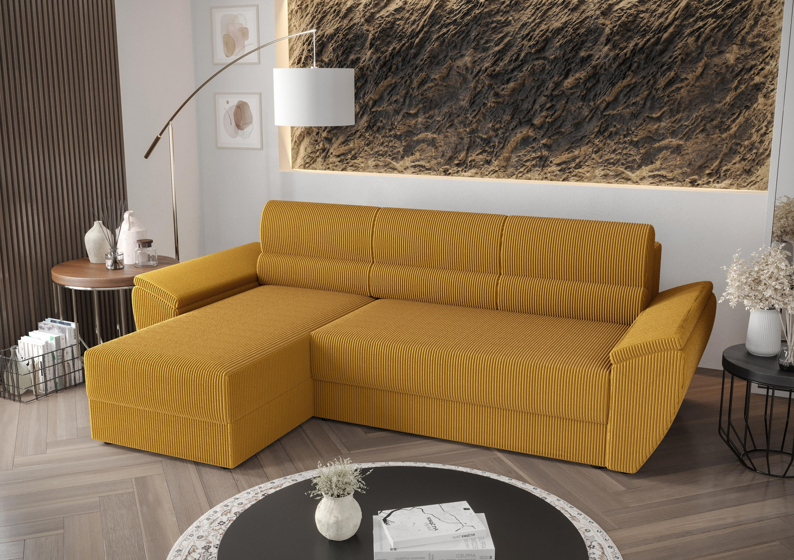 ECKSOFA L REBI L2 Poso 01 Links mit Schlaffunktion, Senfton, L-Form - Gelb, Textil (251/140cm)
