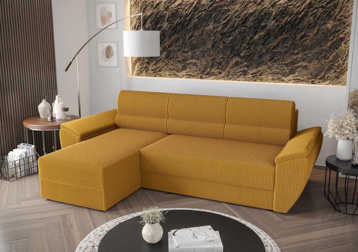 ECKSOFA L REBI L2 Poso 01 Links mit Schlaffunktion, Senfton, L-Form - Gelb, Textil (251/140cm)