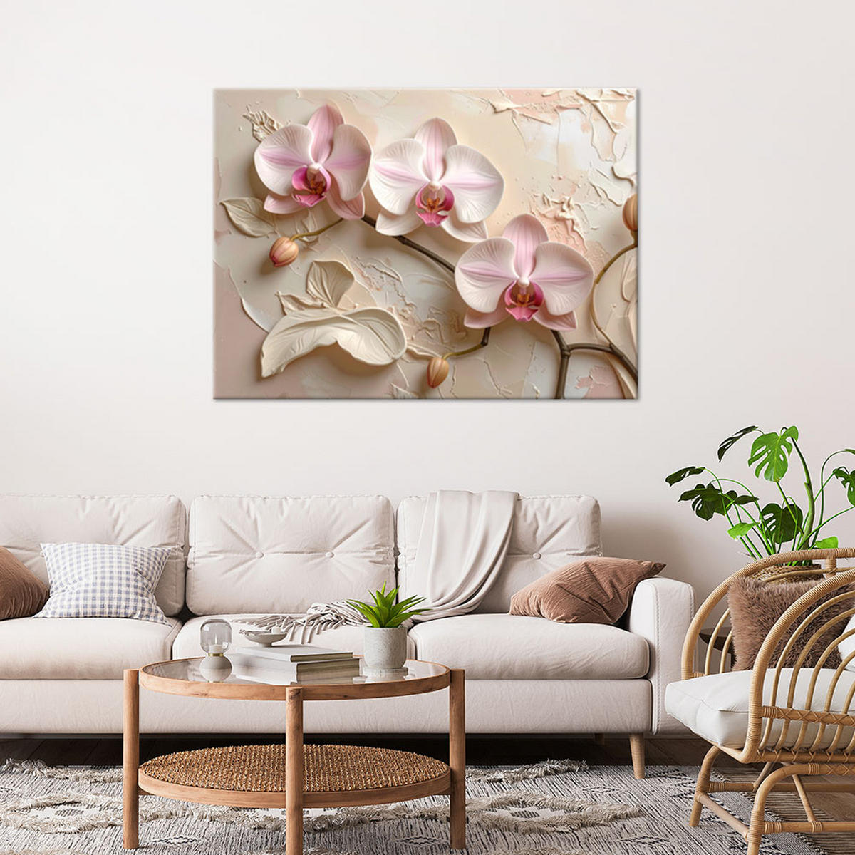BILD auf Leinwand, Rosa Orchideen auf Reliefhintergrund - Rosa, Textil (30/20cm) - Feeby