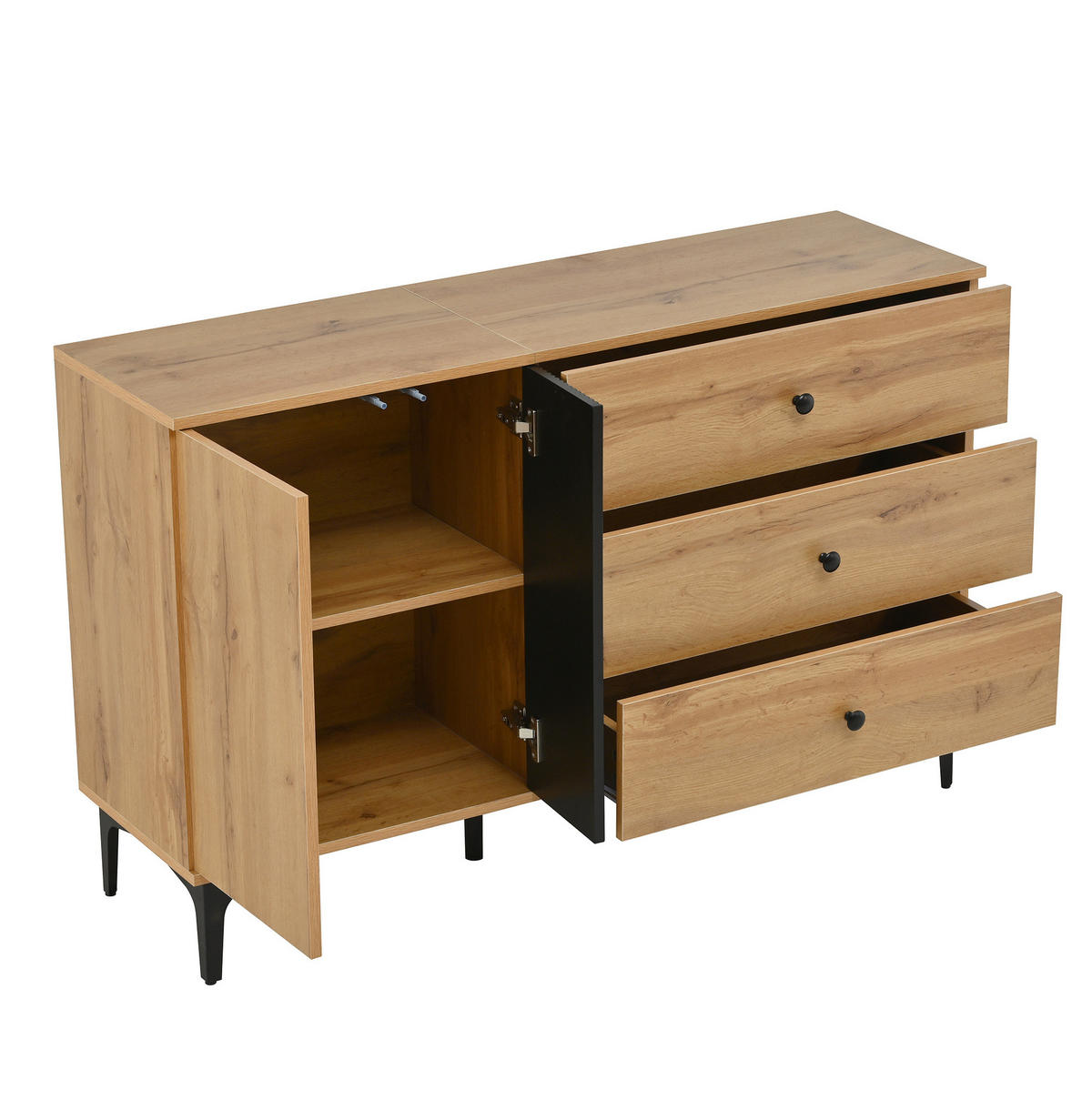 SIDEBOARD 120/35/76 cm aus Holzwerkstoff mit 1 Tür, 3 Schubladen und Metallfüßen Natur/Schwarz - Schwarz, Holzwerkstoff (120/76/35cm) - Modenvie