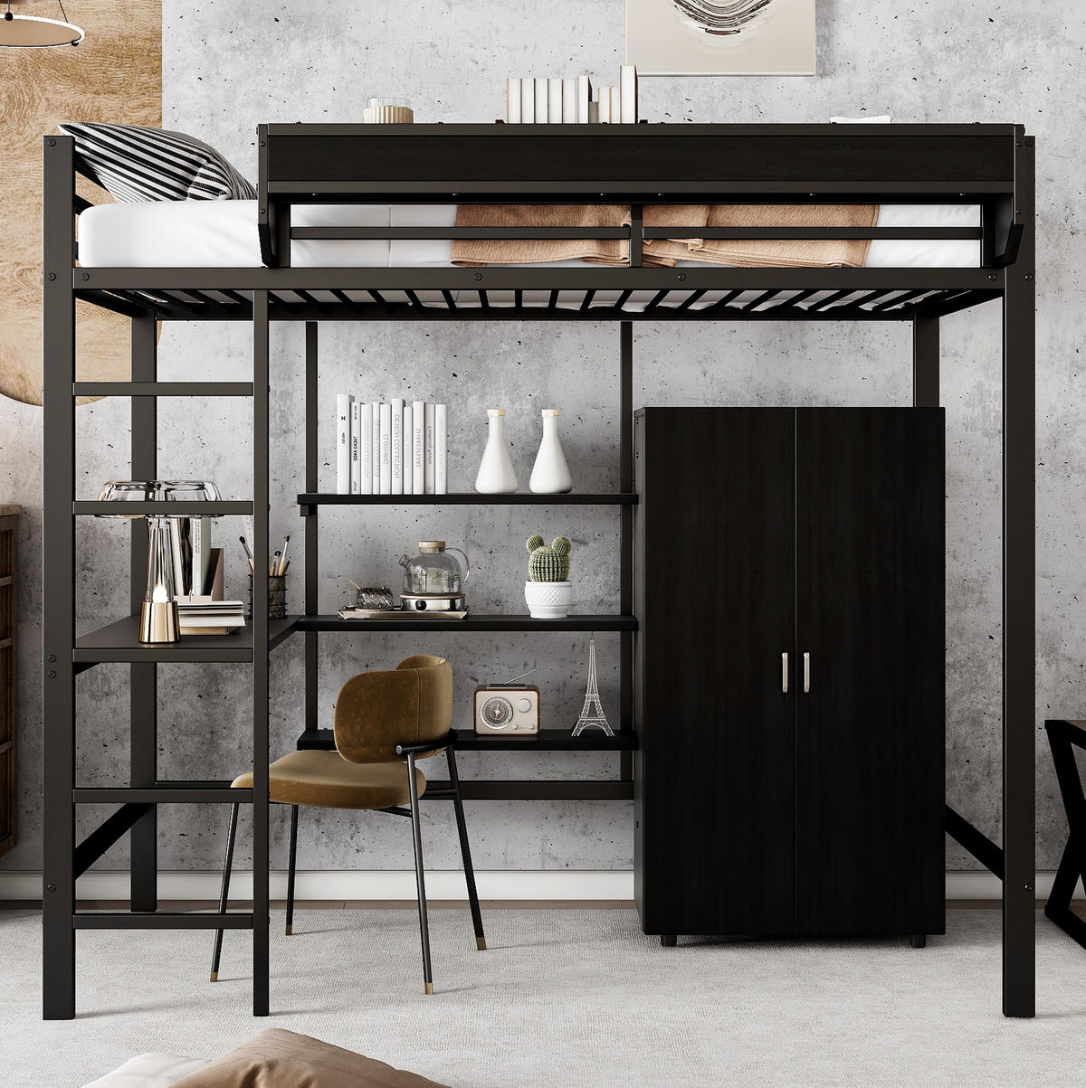 ETAGENBETT aus Metall und Spanplatte 90x200 cm Schwarz mit Tisch, Kleiderschrank und 5-stufiger Leiter - Weiß, Metall (90/200cm) - Modfu