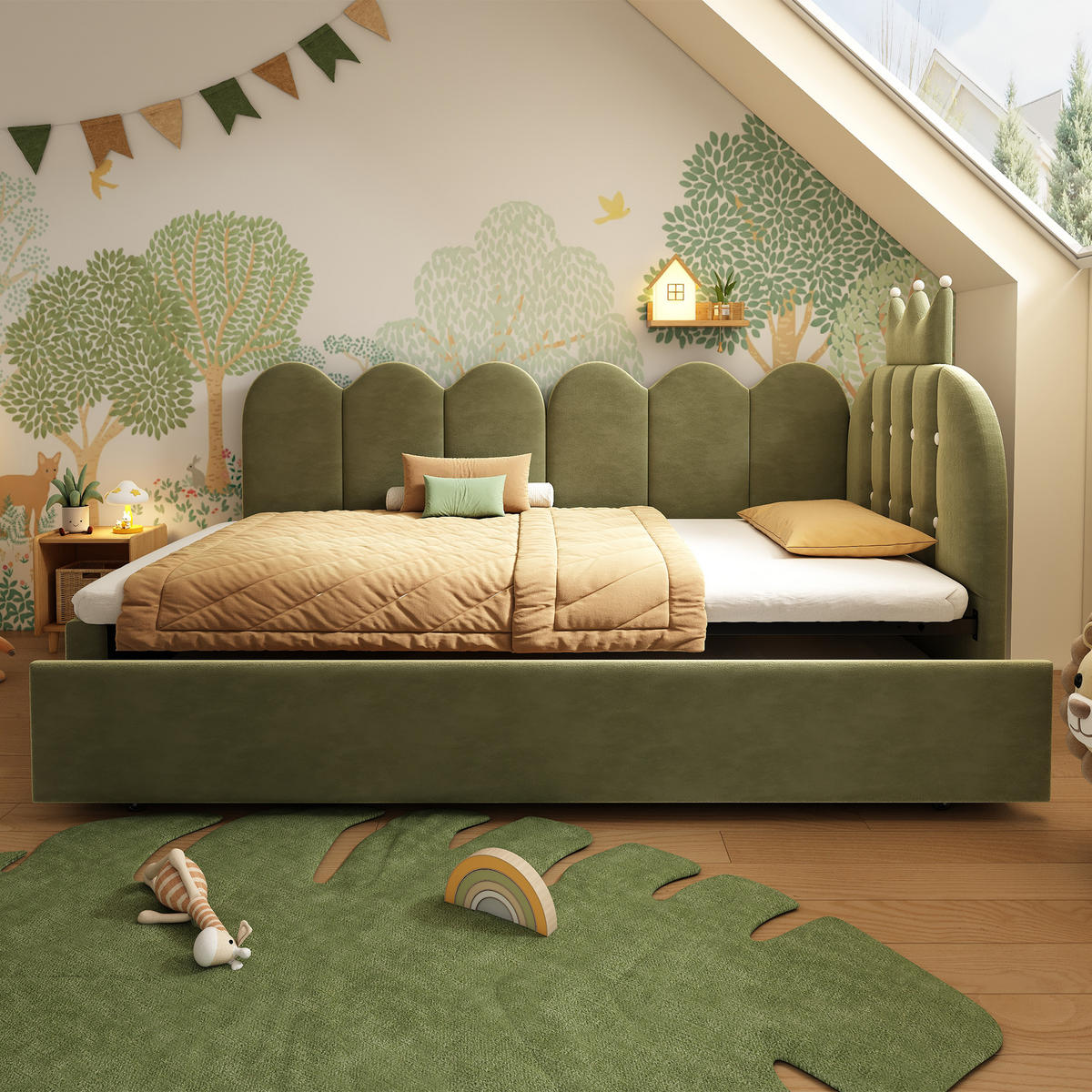 KINDERBETT Kindereinzelbetten 90/200 cm mit Ausziehbett 90/190 cm, L-Form, Kronen- und Gitterdesign aus Samt, Grün - Grün, Textil (90/200cm) - Redom