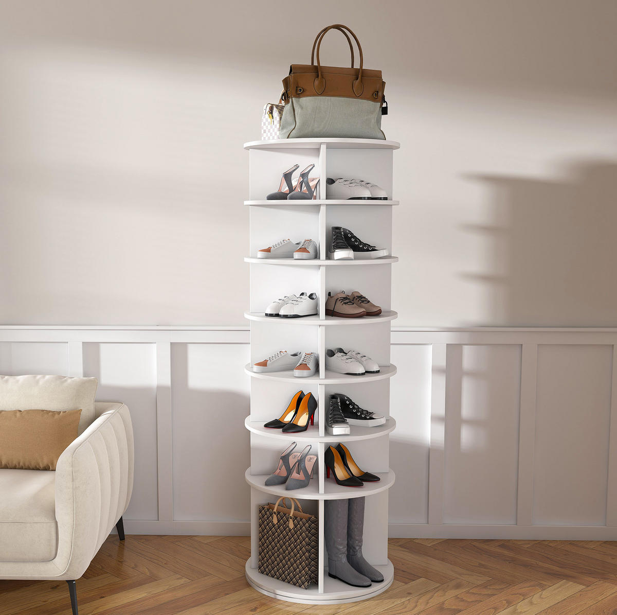 SCHUHREGAL 60/60/184 cm in Weiß, drehbar mit 7 Ebenen - Weiß, Holzwerkstoff (60/184/60cm) - Flora Grace