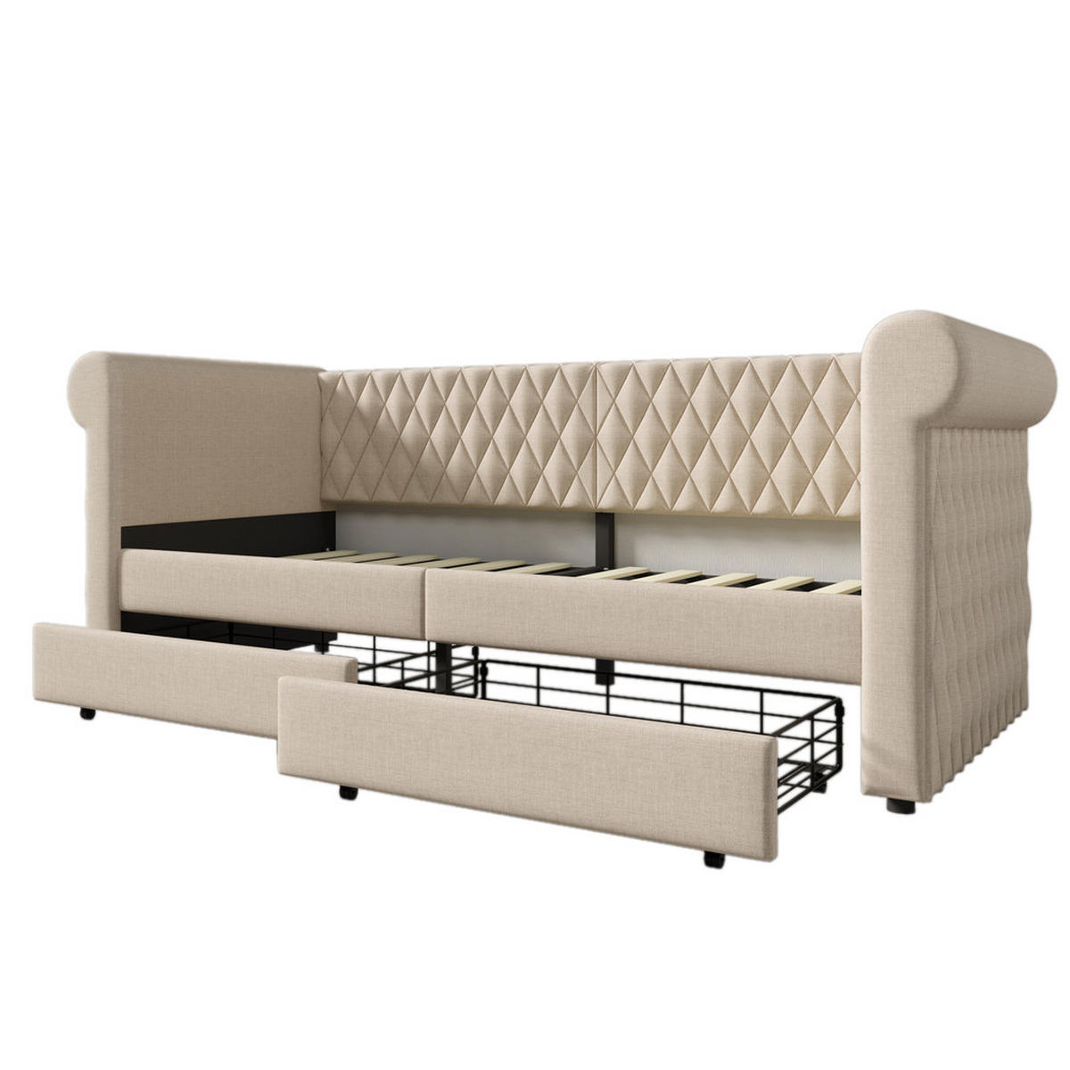 TAGESBETT 90x200cm Vintage Schlafsofa 2 Schubladen Beige Leinen - Beige, Holz (90/200cm) - FLIEKS