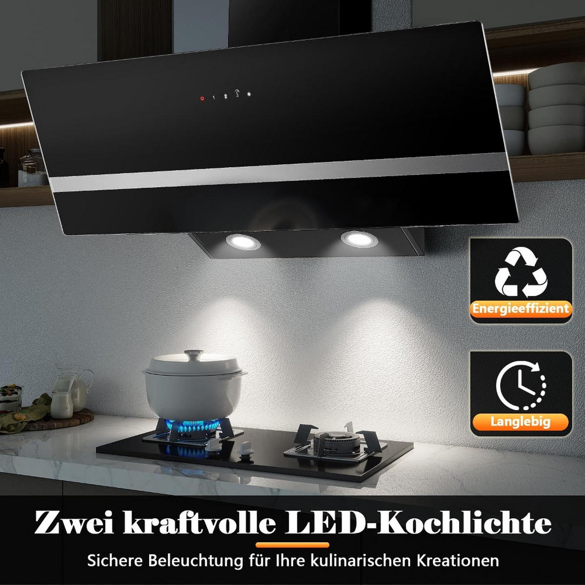 DUNSTABZUGSHAUBE Schräghaube, ABLUFT UND UMLUFT, TOUCH CONTROL, Metall Schwarz, Wandhaube für Küche, 90/40/35 cm - Schwarz, Metall (35.1/44.5/95.4cm) - Rolipo