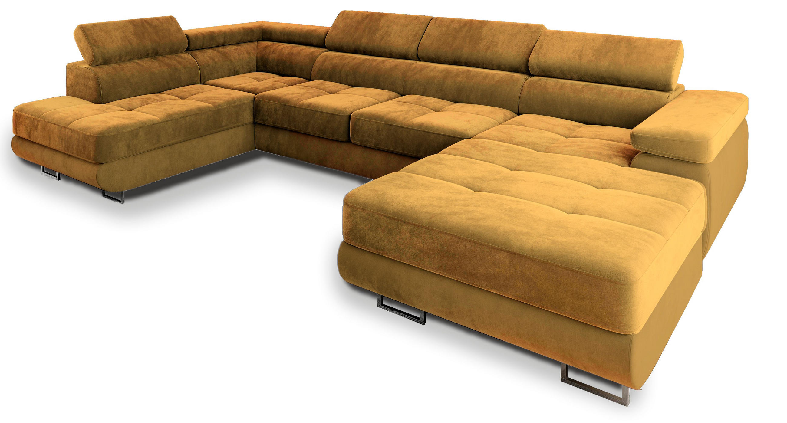 WOHNLANDSCHAFT CASONE L-S Gelb Velours-Stoff mit Schlaffunktion - Gelb, Holz (345/90/202cm) - MASSENO