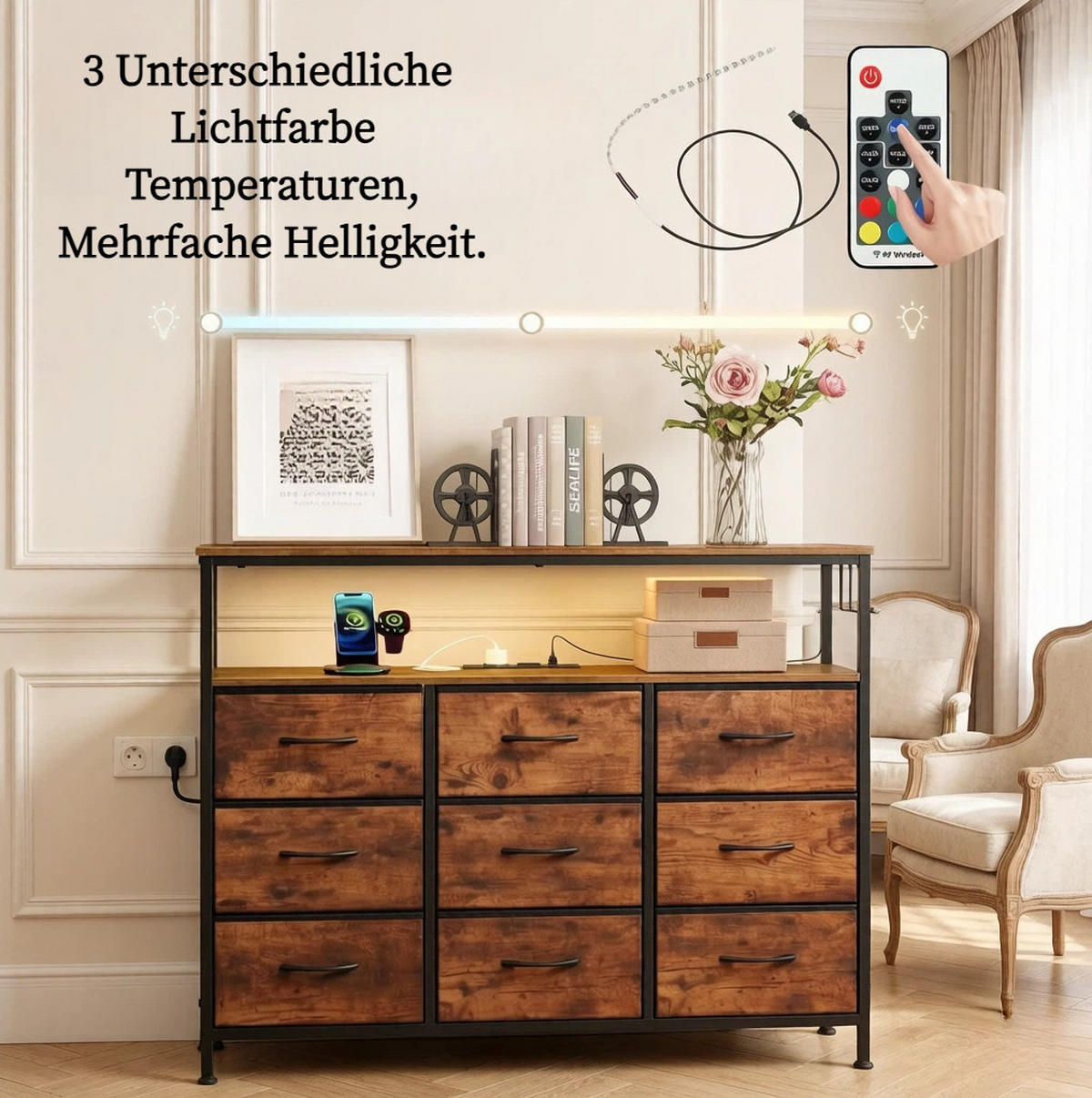 KOMMODE in Rustikalbraun und Schwarz 110x30x85 cm mit 9 Schubladen, Steckdosenleiste und LED-Beleuchtung - Schwarz, Metall (30/85/110cm) - IVMEU