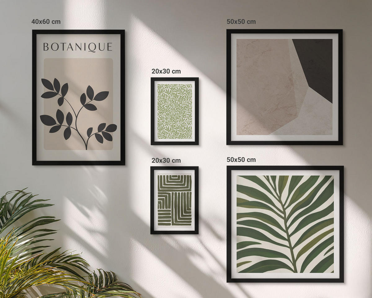 BILDER SET 5er Set - 50x50 cm & 20x30 cm & 40x60 cm Schwarzer Rahmen - Botanische Boho-Kompositionen - Schwarz, Kunststoff (40/60cm) - TULUP