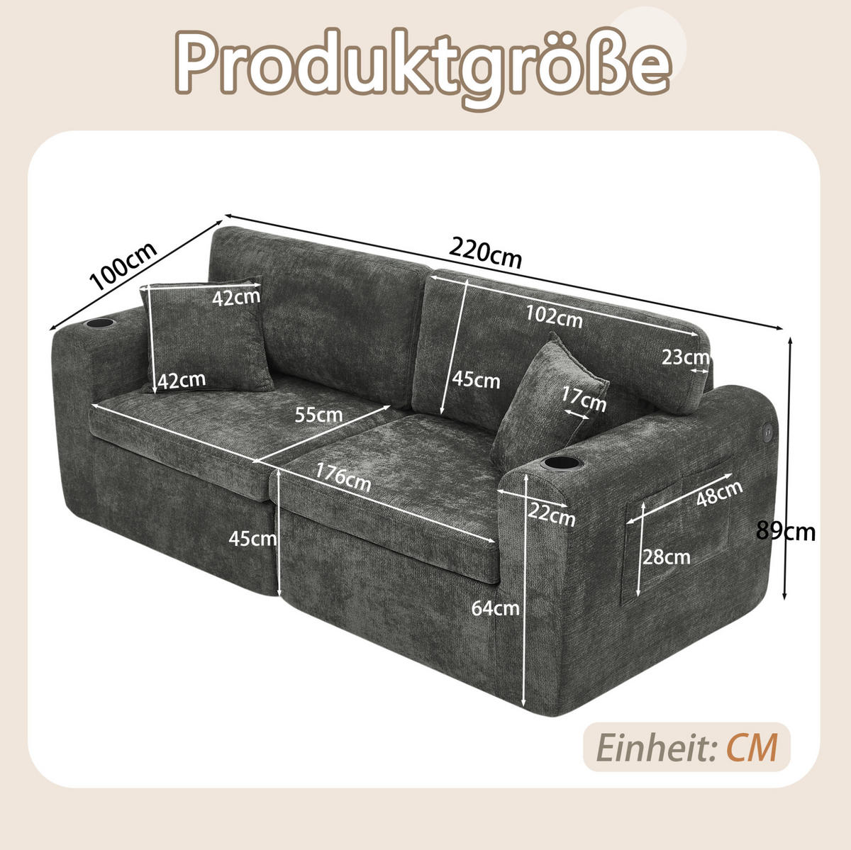 2-SITZER-RELAXSOFA mit Getränkehalter und Tasche, Chenille Schwarz - Schwarz, Kunststoff (220/89/100cm) - Meubliv
