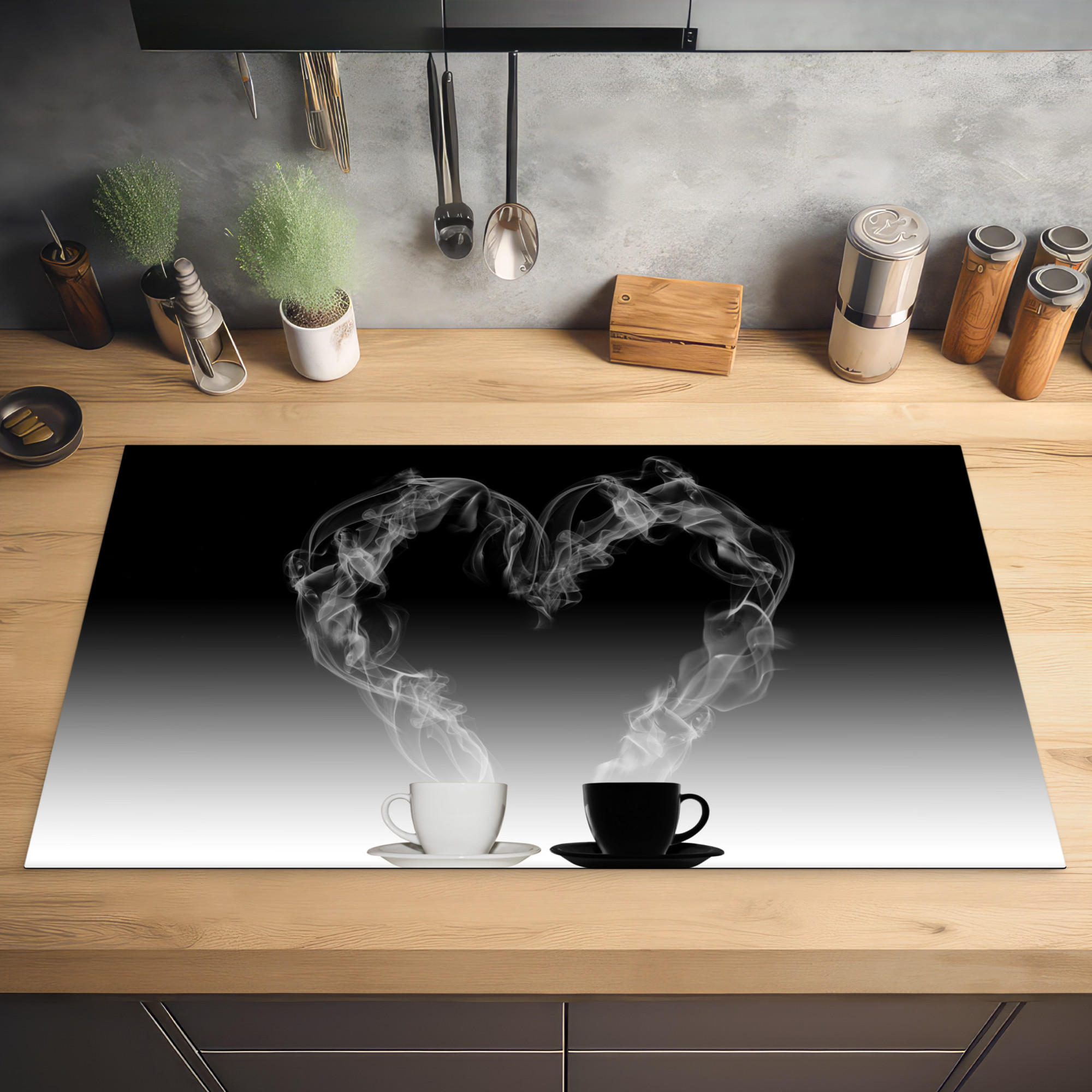 HERDABDECKPLATTE Kaffee - Herz - Schwarz und weiß - Tassen 90x52 cm - Weiß, Kunststoff (90/0.2/52cm) - MuchoWow