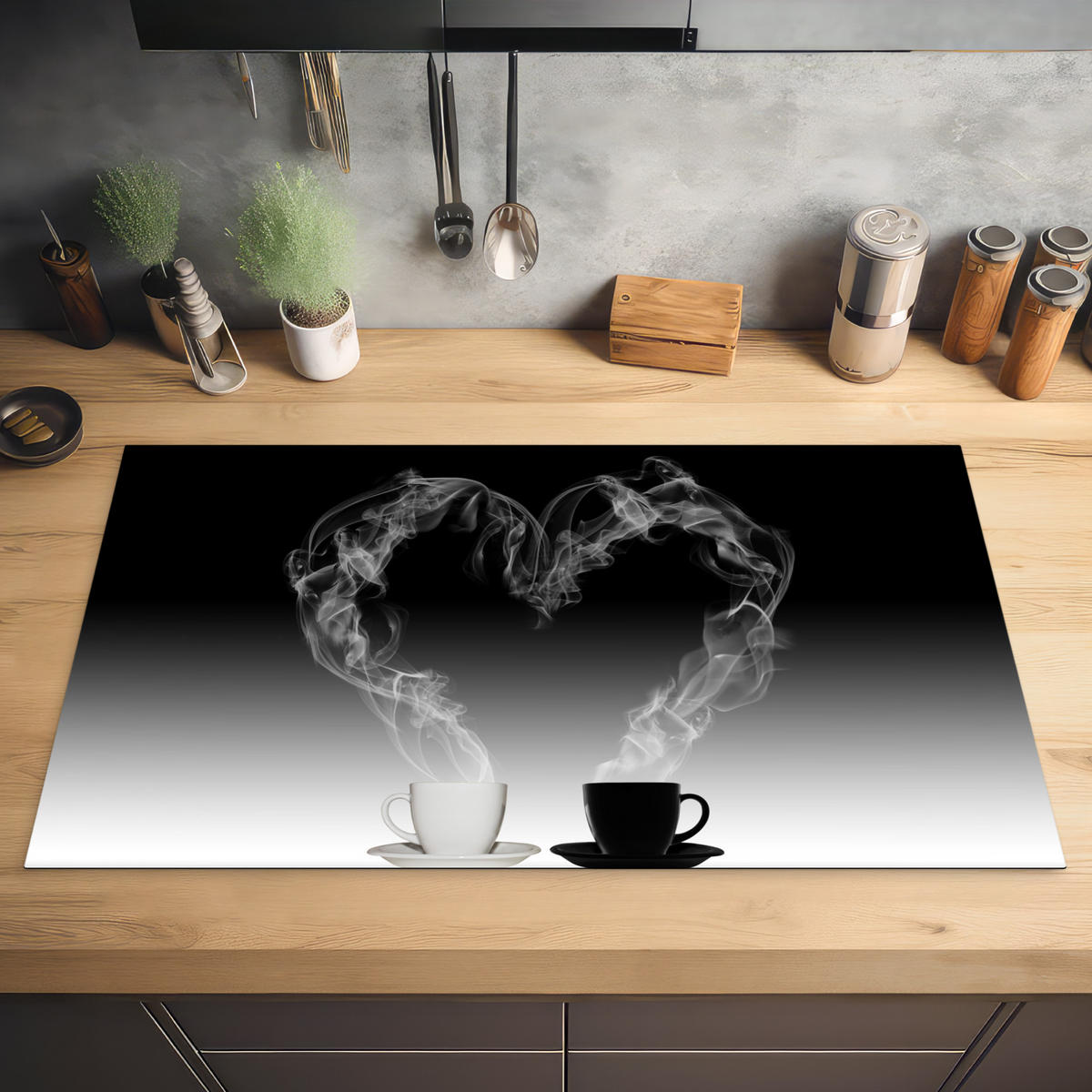 HERDABDECKPLATTE Kaffee - Herz - Schwarz und weiß - Tassen 90x52 cm - Weiß, Kunststoff (90/0.2/52cm) - MuchoWow