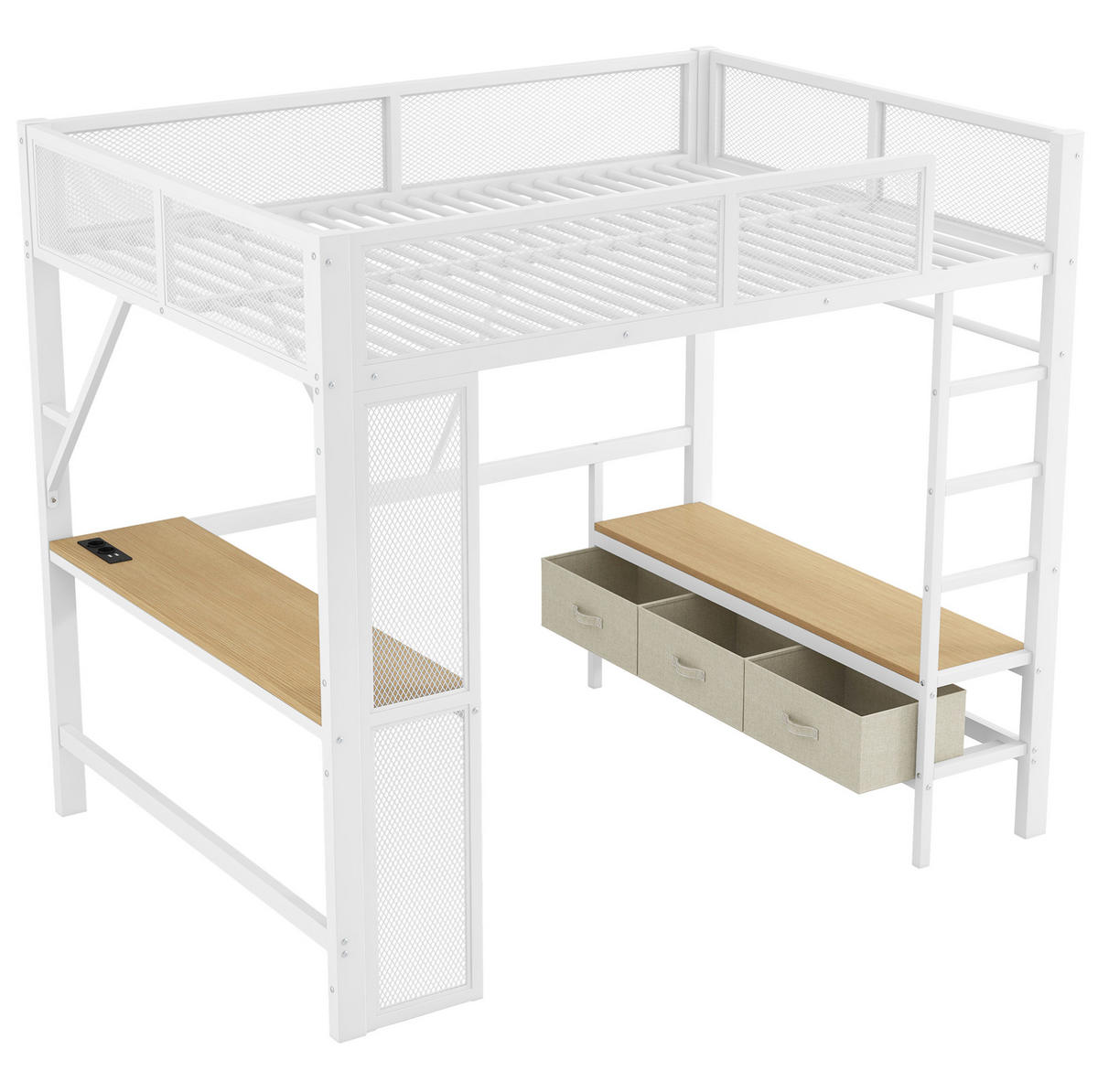 HOCHBETT 140/200 cm Weiß mit LED, USB und Schreibtisch - Weiß, Metall (140/200cm) - MIVRAY