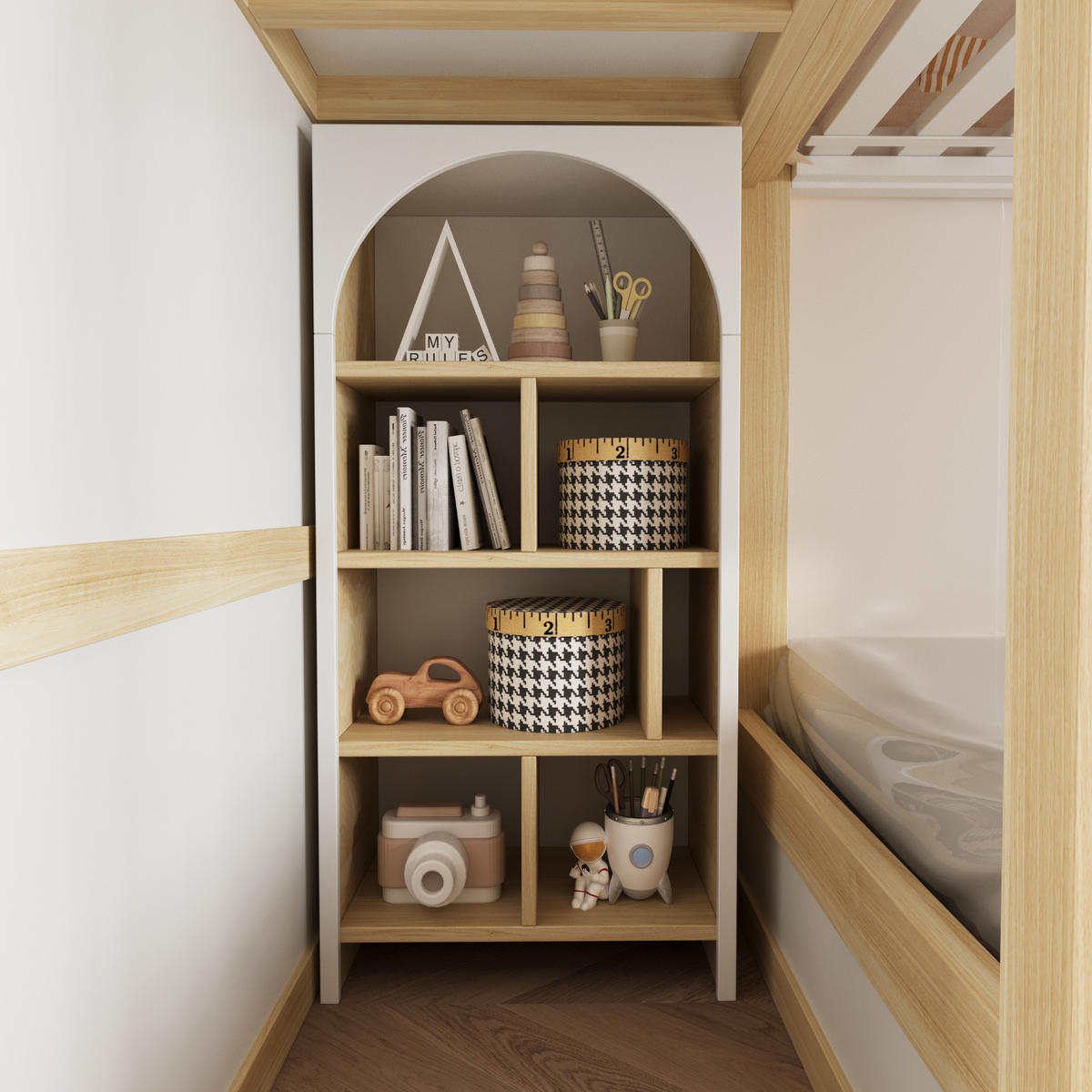 ETAGENBETT 90/200 cm in Weiß/Grau/Holz mit Stauraum, Schubladen und Fenstern - Weiß, Holz/Holzwerkstoff (90/200cm) - WISHDOR
