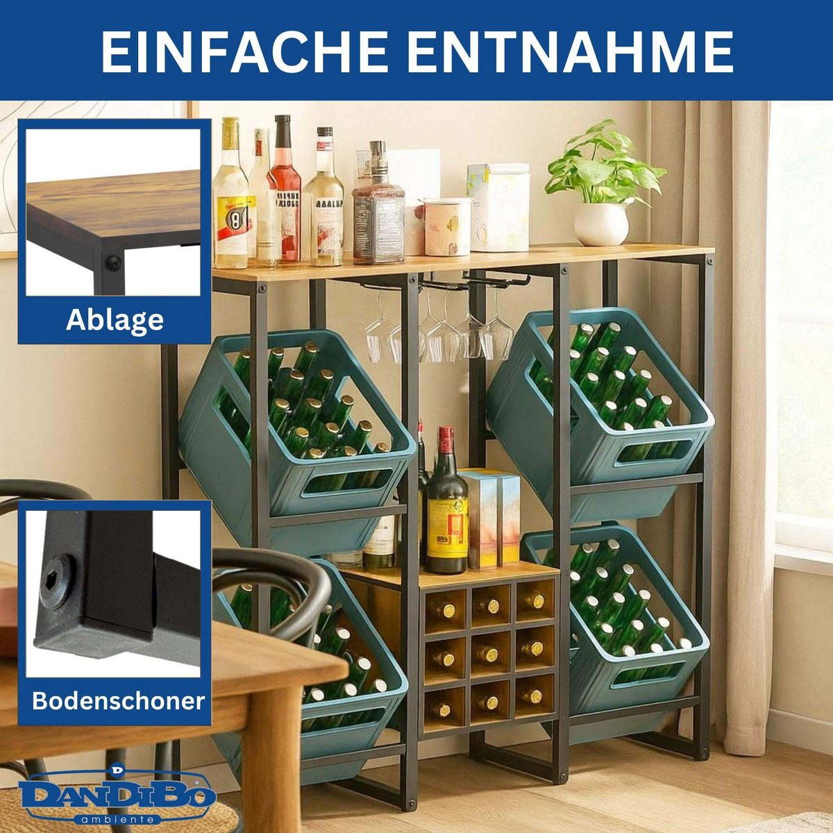 GETRÄNKEKISTENREGAL 4 Kisten mit Ablage Holzablage 96659 - Schwarz, Metall (116/112/32cm) - DanDiBo