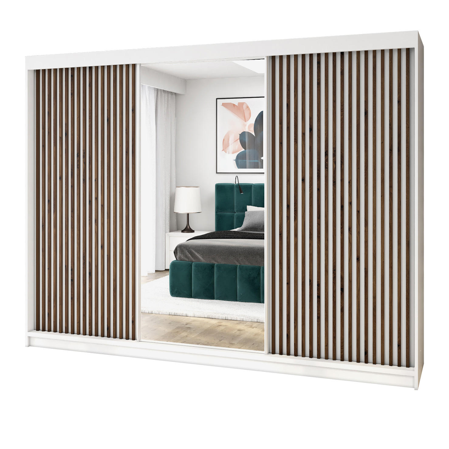A&J MöbelLand SCHWEBETÜRENSCHRANK Braun, Weiß 200cm × 60cm × 215cm