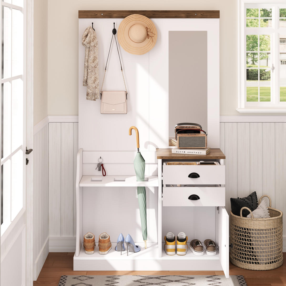 GARDEROBENSET Spiegel Haken Schubladen Schirmständer - Weiß, Holzwerkstoff (38/191/110.5cm) - FLIEKS