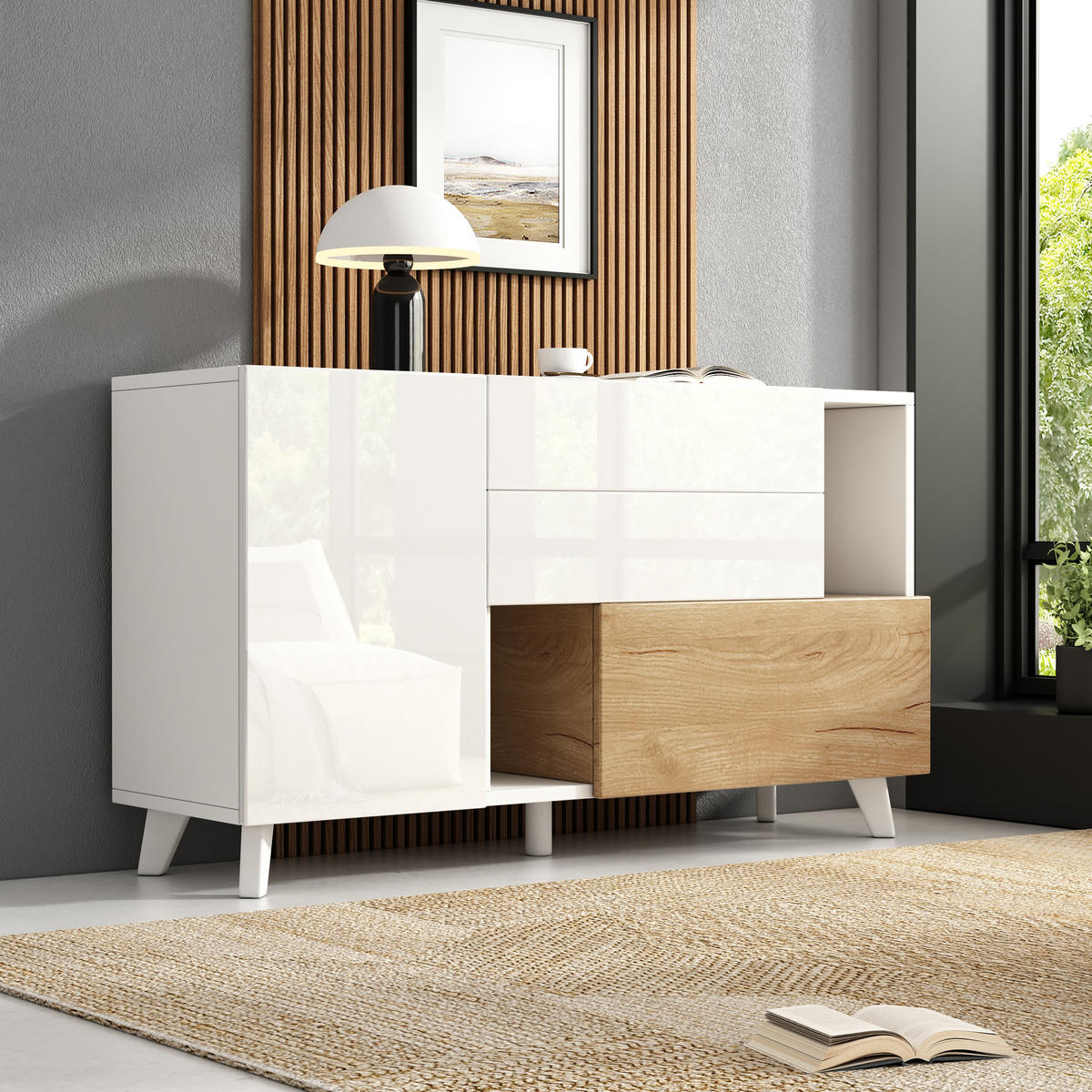 SIDEBOARD im skandinavischen Design mit Push-Open & 2 Schubladen, Weiß/Holz, Spanplatte - Weiß, Holzwerkstoff (130/70/40cm) - EVRYAE