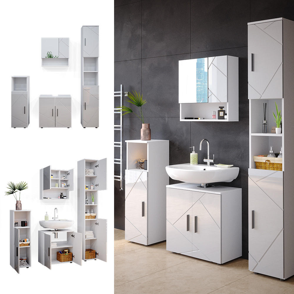 BADMÖBEL-SET Irma Weiß Hochglanz 4 Teile, mit Hochschrank - Weiß Hochglanz/Weiß, Holzwerkstoff (80/58.6/41cm) - Vicco