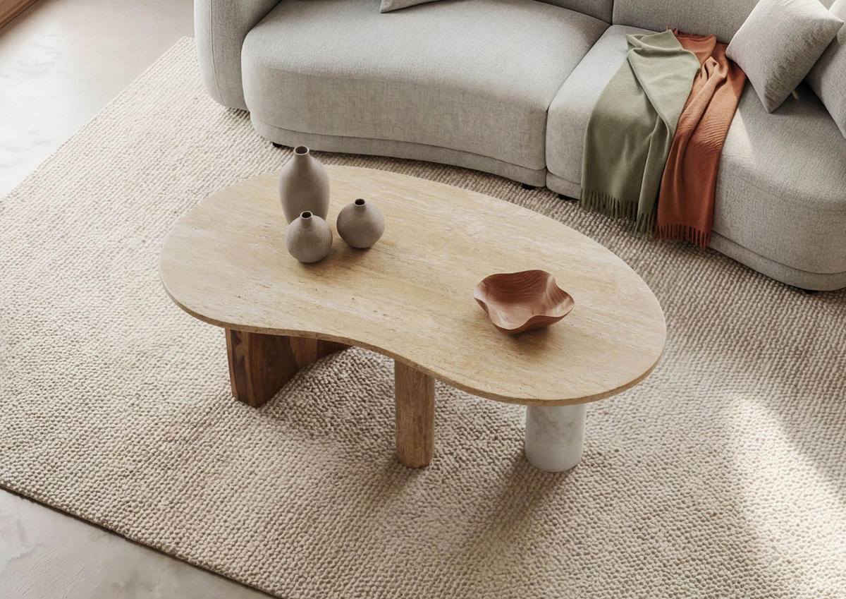 COUCHTISCH Sheesham 100x65x31 natur sandgestrahlt lackiert / Marmor weiß ORGANIC COLLECTION #31 - Braun, Holzwerkstoff (65/100/31cm) - Massivmoebel24