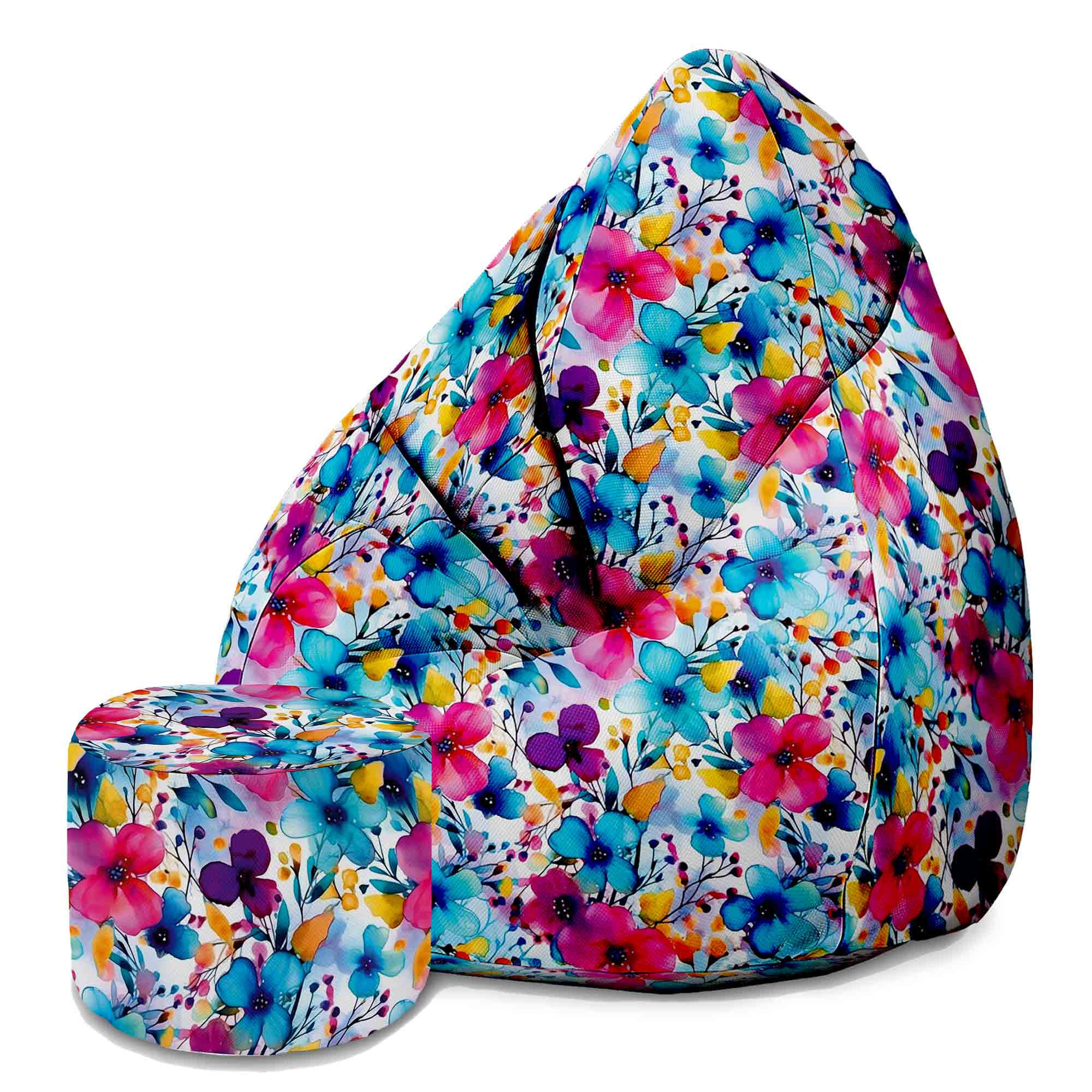 SITZSACK MIT FUßSTÜTZE Velvet 2-tlg Yellow and Blue Flowers M - Blau, Textil (80/120/80cm) - Dreamroots