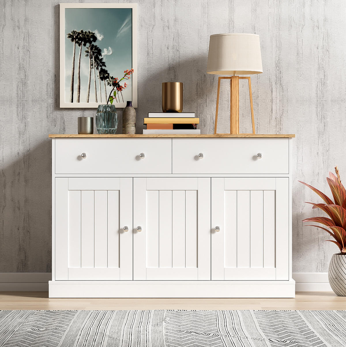 SIDEBOARD mit 3 Türen und 2 Schubladen, geprägte Front, 120/36/80,5 cm, Weiß und Holzoptik - Weiß, Holzwerkstoff (10/80.5/36cm) - Redom