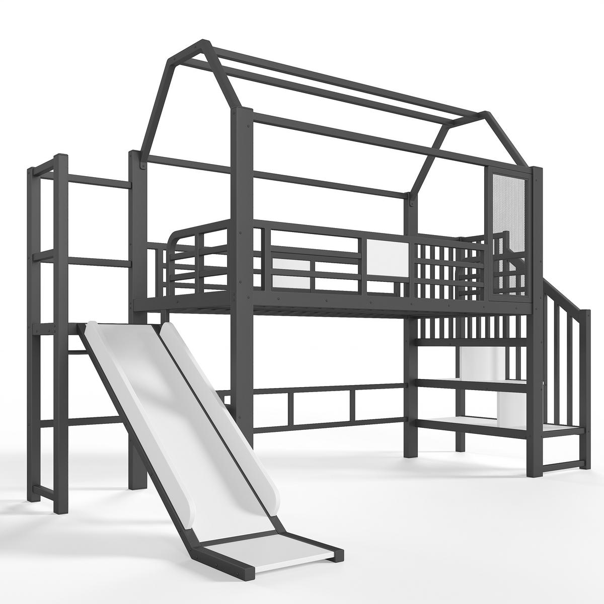 HOCHBETT 90/200cm mit Rutsche, LED/Treppe, Metall, Schwarz - Schwarz, Metall (90/200cm) - LVHOM