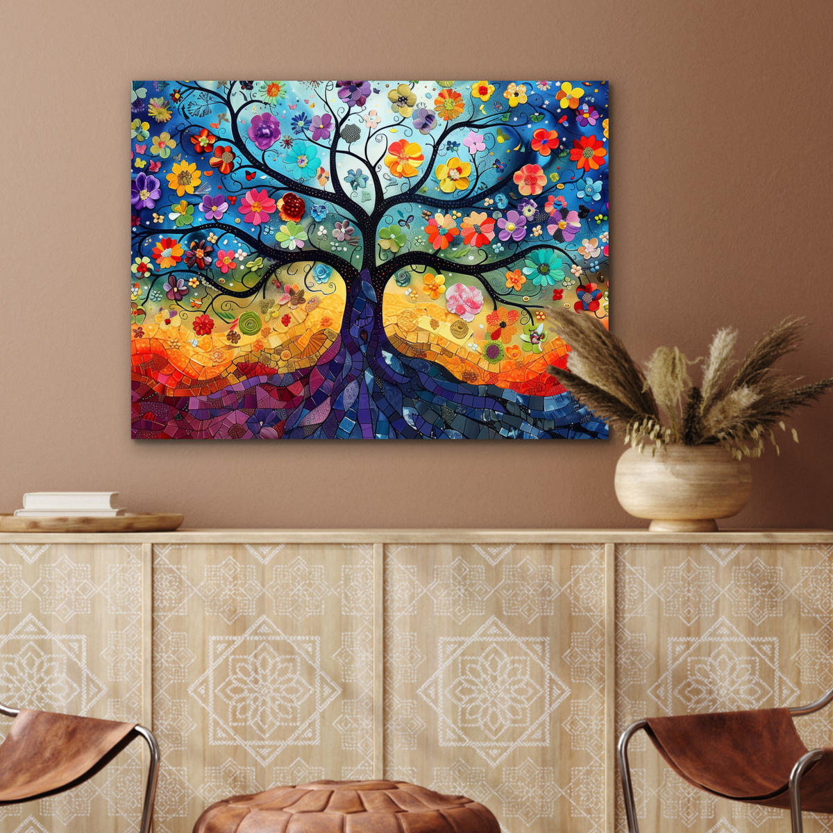 KOVOVÝ OBRAZ Umenie - Strom života - Kvety - Hippie 80x60 cm - tmavomodrá, kov (80/60cm) - MuchoWow