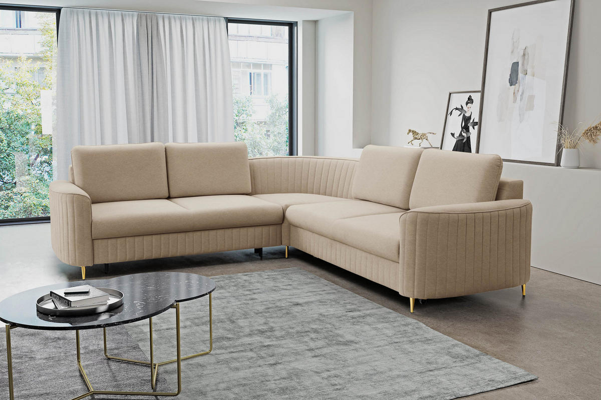 ECKSOFA VELA R-S Beige Velours-Stoff mit Schlaffunktion - Beige, Holz (251/251cm) - MASSENO
