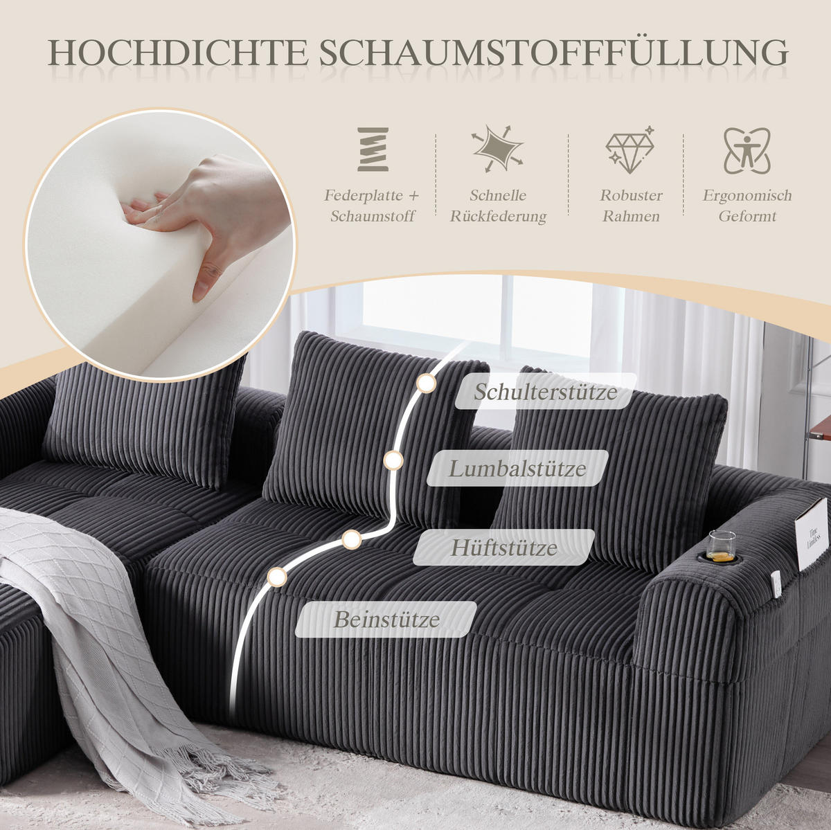 KOMPAKTSOFA Cord mit Modulsystem und Becherhalter 253/158/61 cm Dunkelgrau - Dunkelgrau, Textil (158/253cm) - Redom