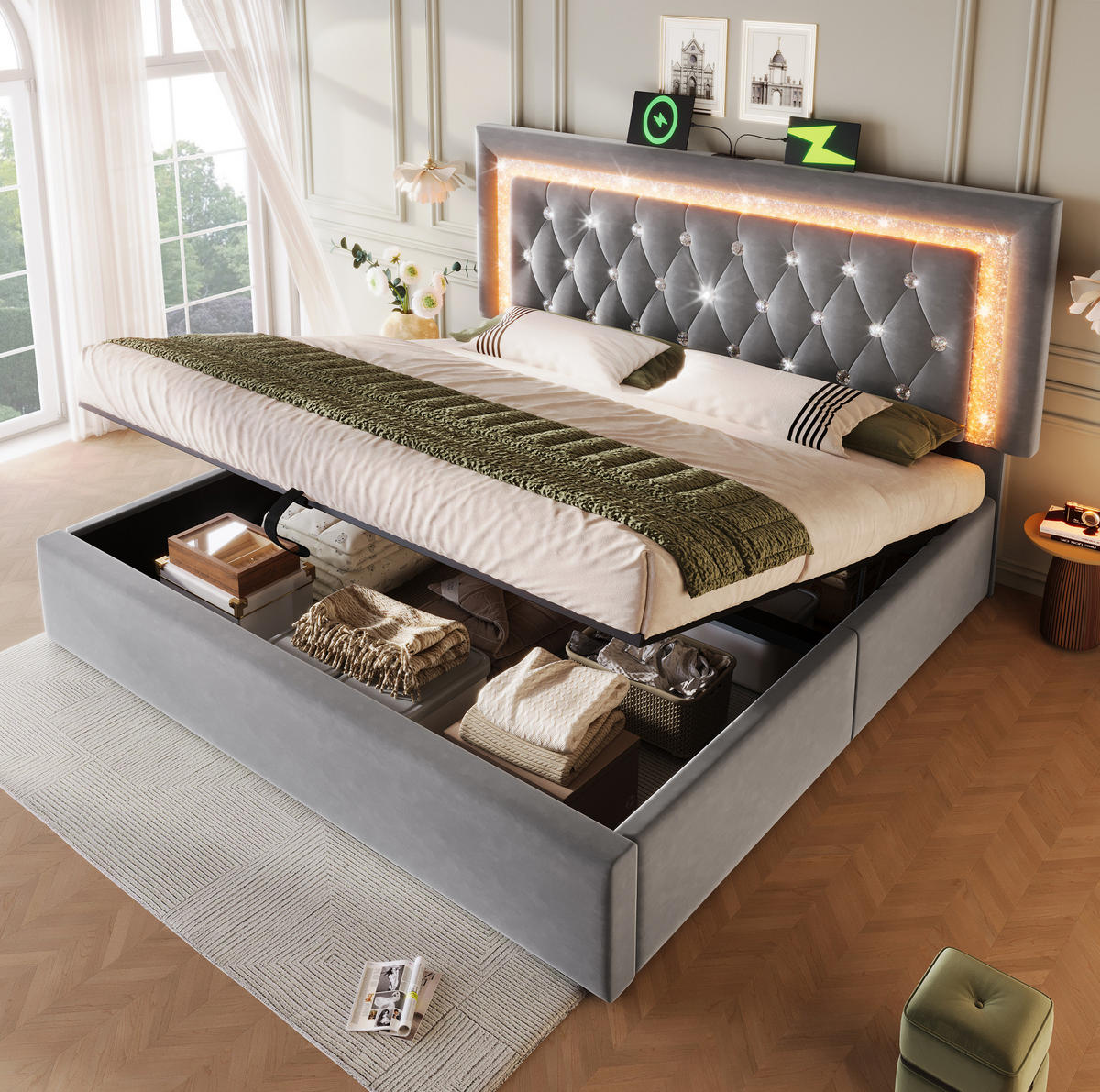 POLSTERBETT mit LED und Stauraum 140x200 cm Samt Grau - Grau, Metall (140/200cm) - Meubliv